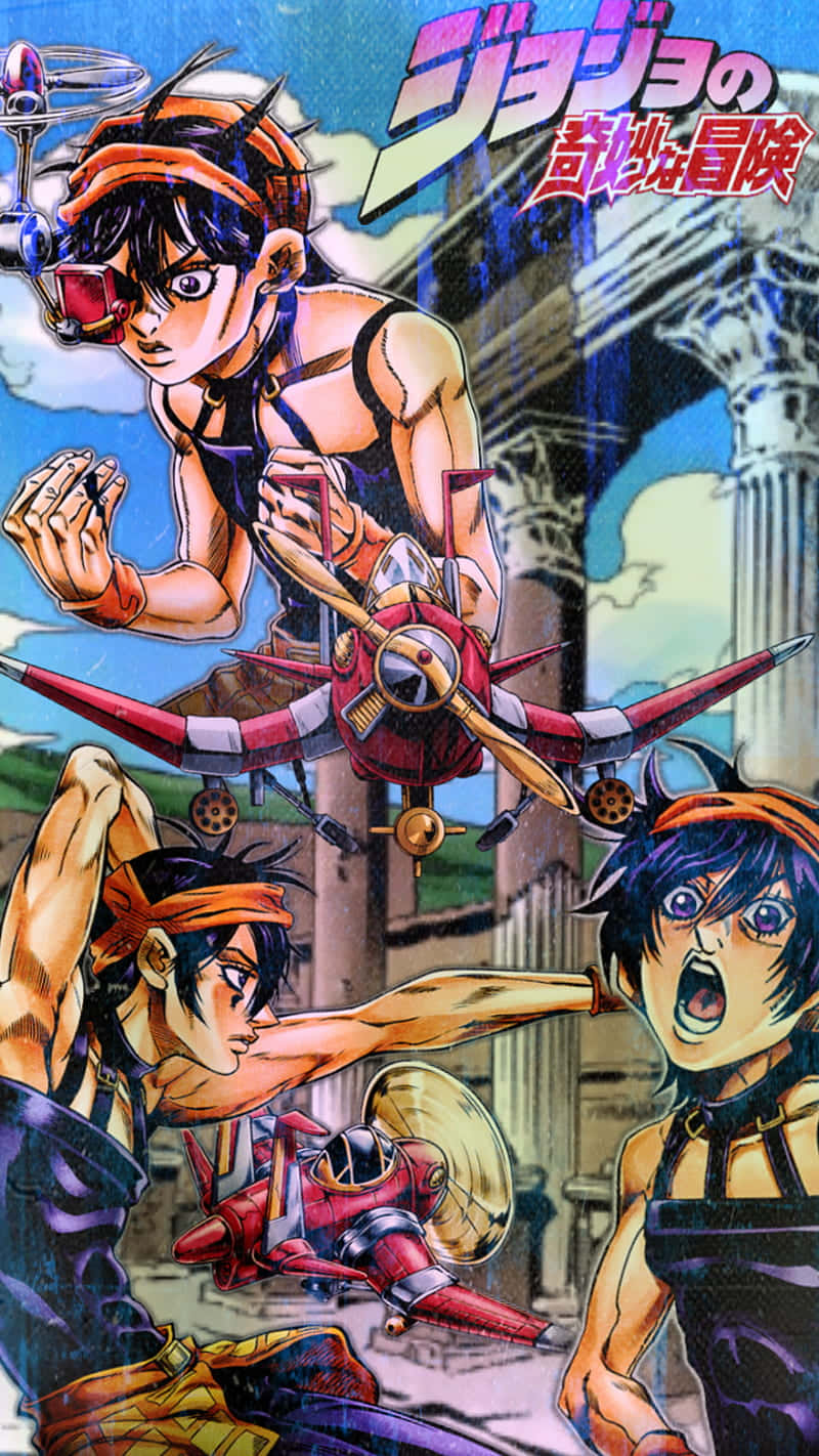 Narancia Ghirga 桌布 壁紙 — 動漫角色以動態動作姿勢，伴隨紅色飛機在明亮天空下的古代廢墟中飛翔。