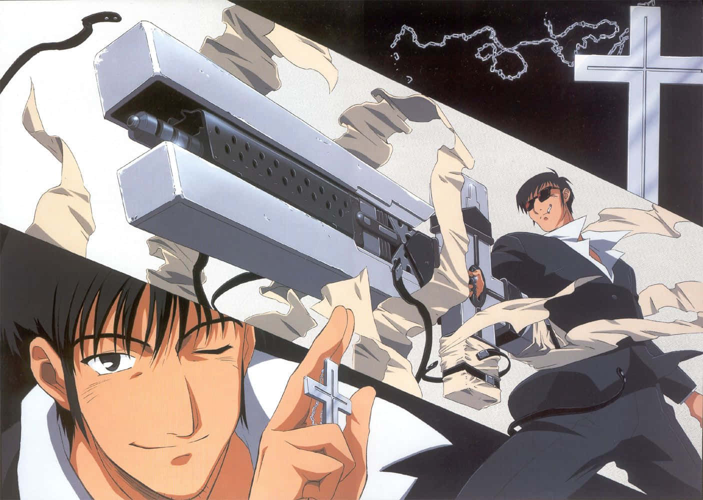 Nicholas D Wolfwood 桌布 壁紙 — 動漫角色以動態動作姿勢，手持大型槍械和十字架符號，背景破碎。