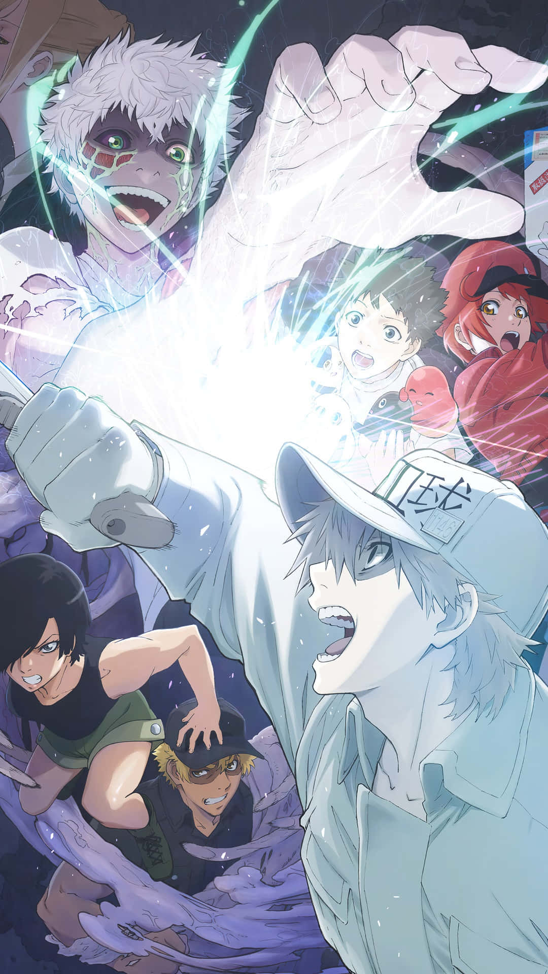 Cells At Work 桌布 壁紙 — 動漫角色以動態動作姿勢呈現，帶有發光能量效果和強烈表情。