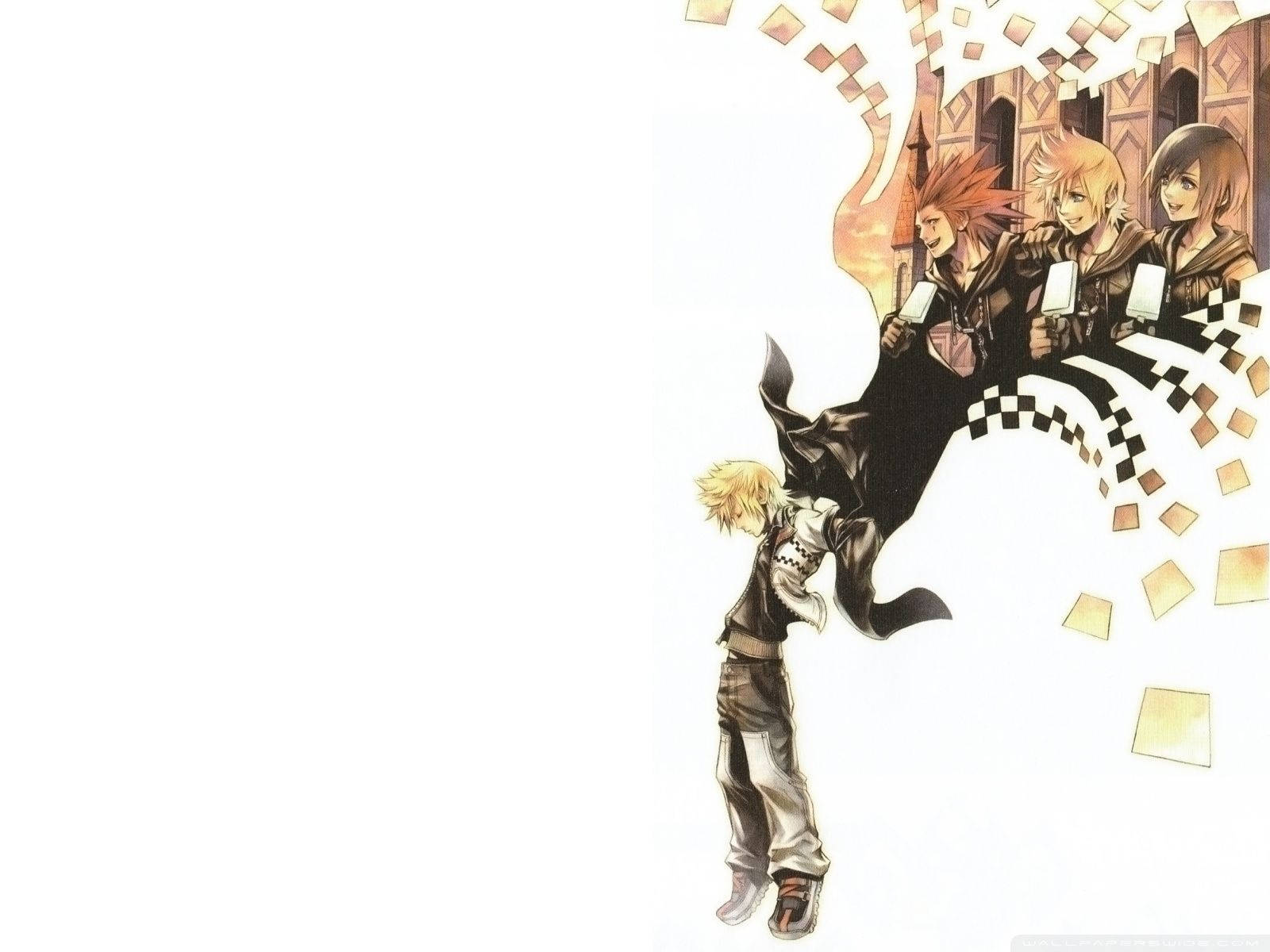 Kingdom Hearts 桌布 壁紙 — 動漫角色以動態動作姿勢呈現，帶有格子運動效果，背景為暖色調建築。
