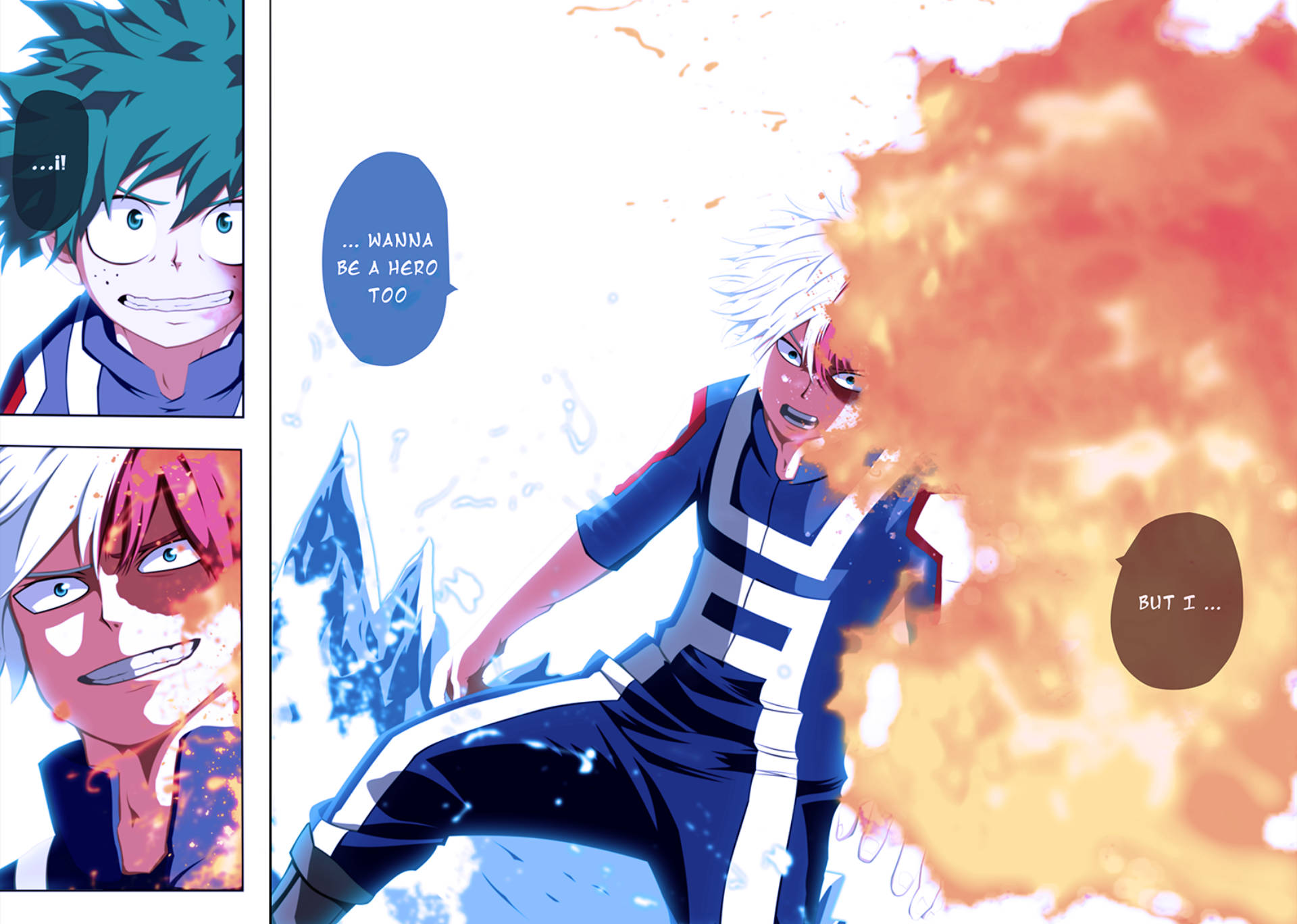 Todoroki Aesthetic 桌布 壁紙 — 動漫角色以動態動作姿勢呈現，帶有火焰和冰霜能量效果及對話氣泡。