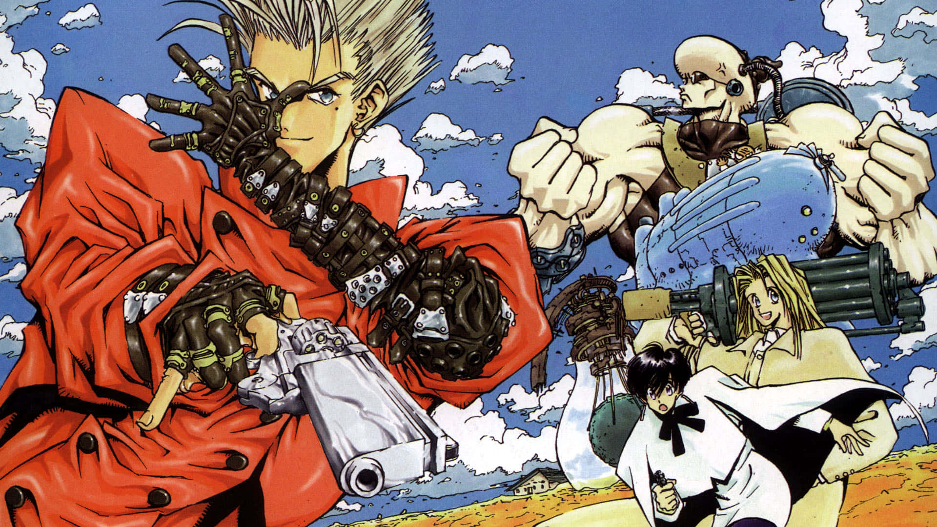 Trigun 桌布 壁紙 — 動漫角色以動態動作姿勢揮舞未來武器，背景是晴朗藍天和蓬鬆雲朵。