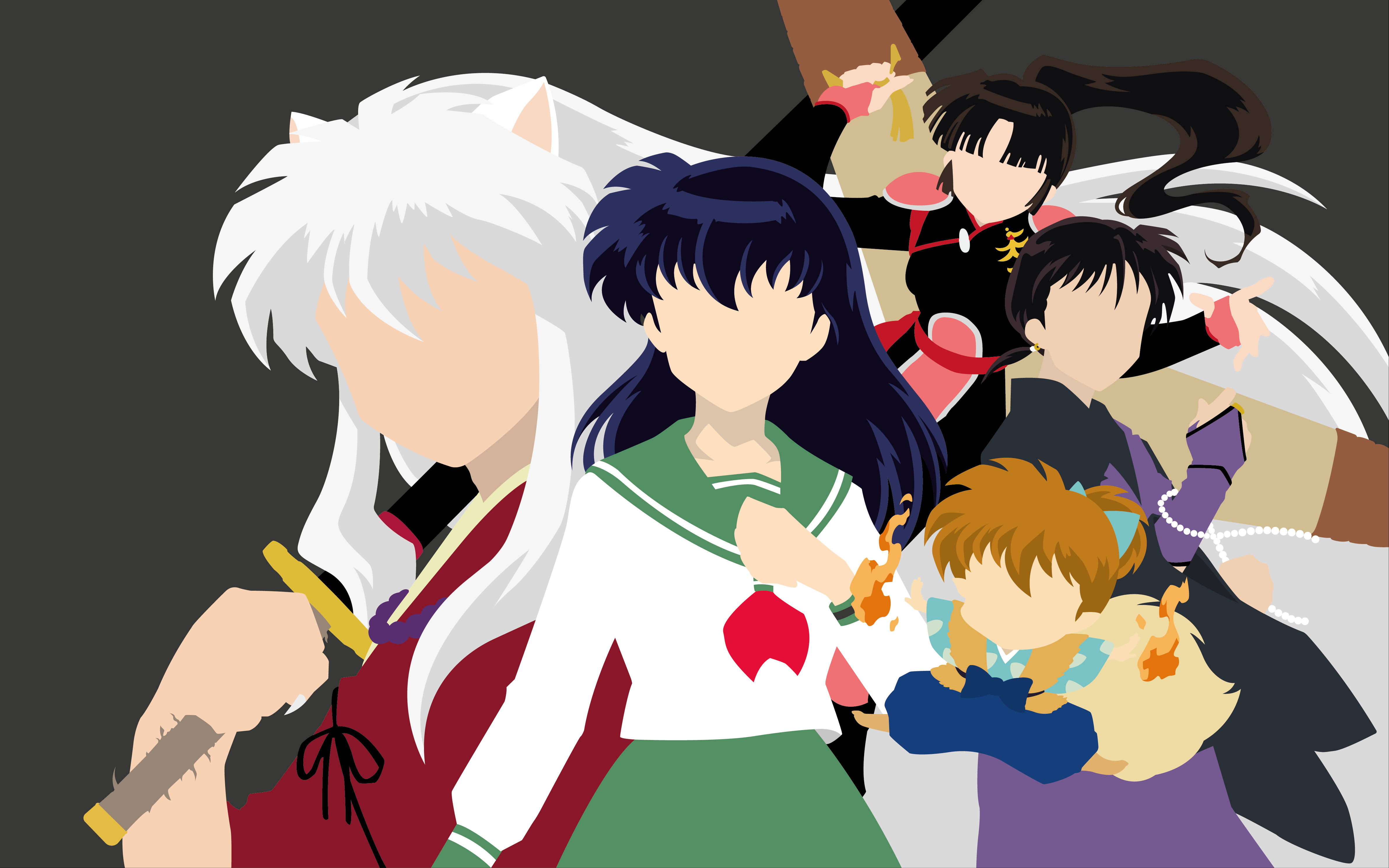 Kagome 桌布 壁紙 — 動漫角色以動態姿勢呈現，採用風格化的平塗色彩和粗線條輪廓，背景為深色。