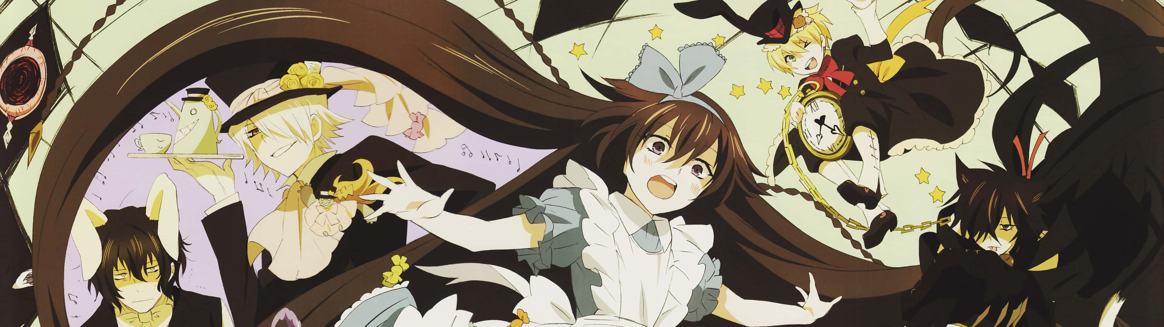 3840 X 1080 Anime HD 桌布 壁紙 — 動漫角色以動態姿勢呈現，擁有飄逸的頭髮和時鐘、星星等奇幻元素。