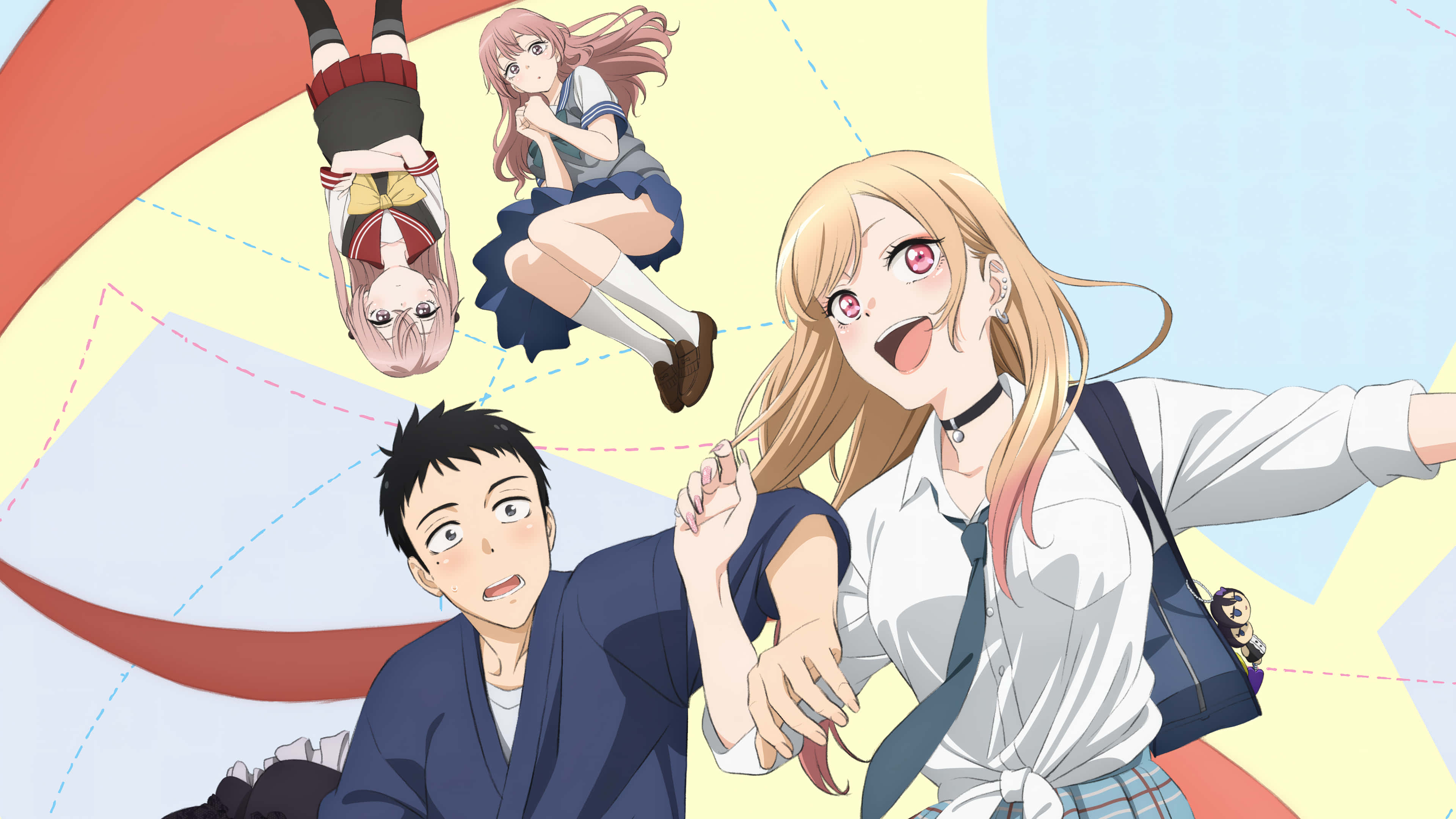 Best Anime 桌布 壁紙 — 動漫角色以動態姿勢呈現，背景為色彩繽紛的抽象圖案，並有漂浮的人物。