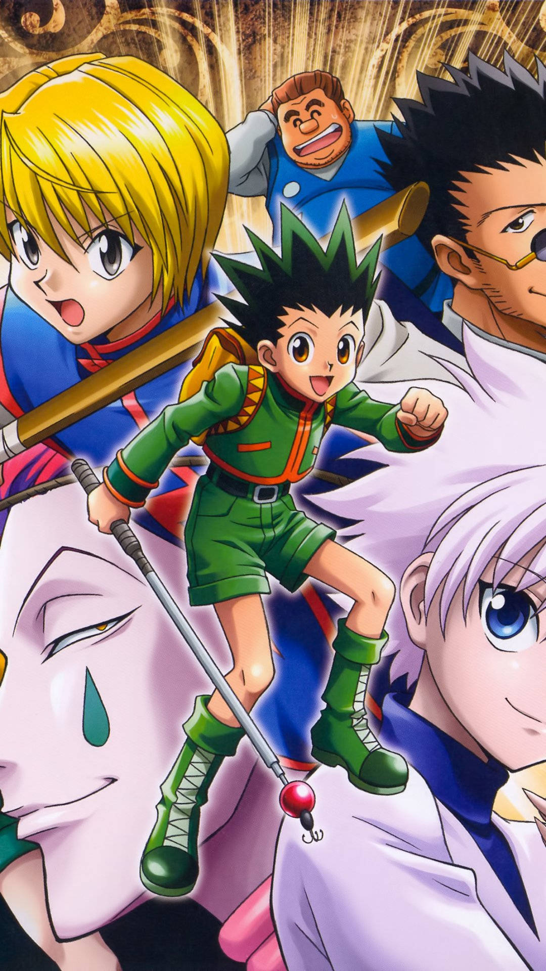 Hunter X Hunter iPhone 桌布 壁紙 — 動漫角色以動態姿勢呈現，色彩鮮豔，表情豐富，背景是旋轉的金色。