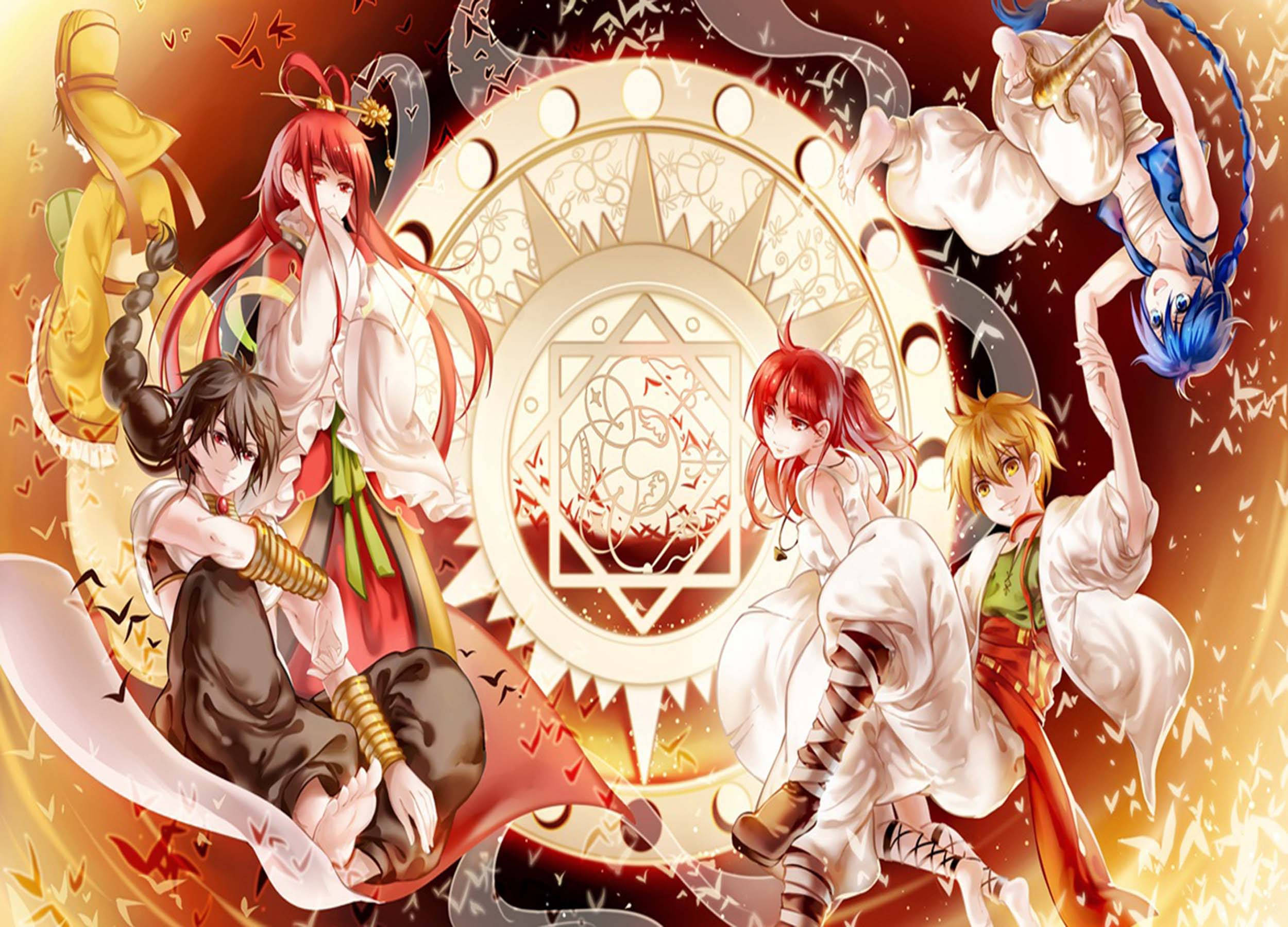 magi the kingdom of magic 桌布 壁紙 — 動漫角色以動態姿勢圍繞一個發光的神秘輪盤，背景是火熱的橙色。