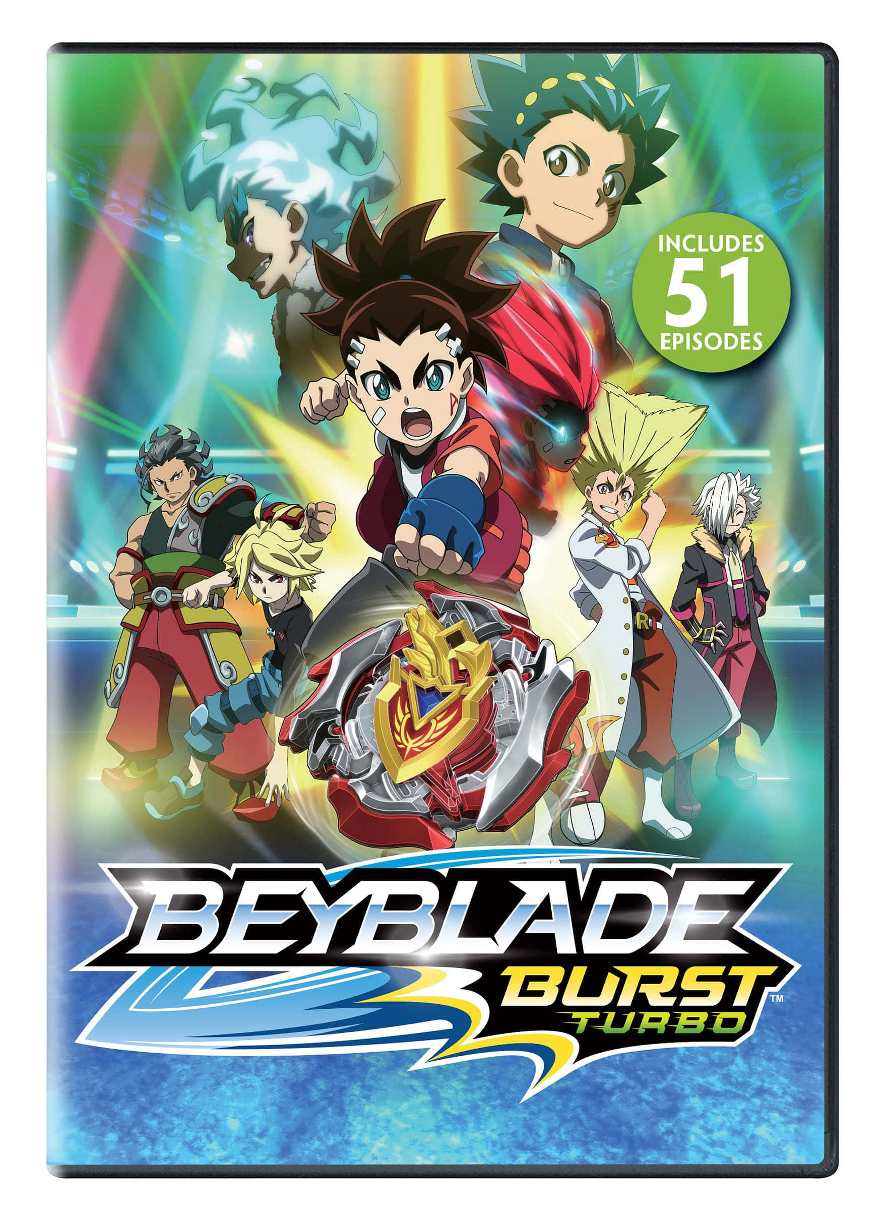 Beyblade Burst 桌布 壁紙 — 動漫角色以動態姿勢圍繞旋轉的Beyblade，帶有發光的能量效果和鮮豔的霓虹色彩。