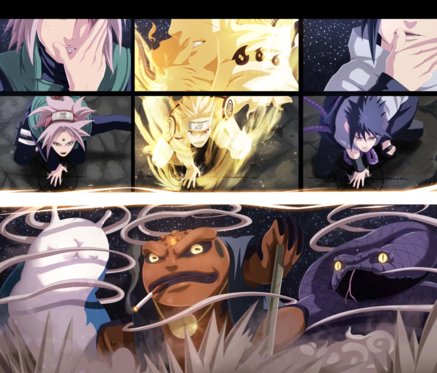 Katsuyu 桌布 壁紙 — 動漫角色以動態姿勢展現，帶有發光的查克拉和旋轉的能量，背景是星空夜空。