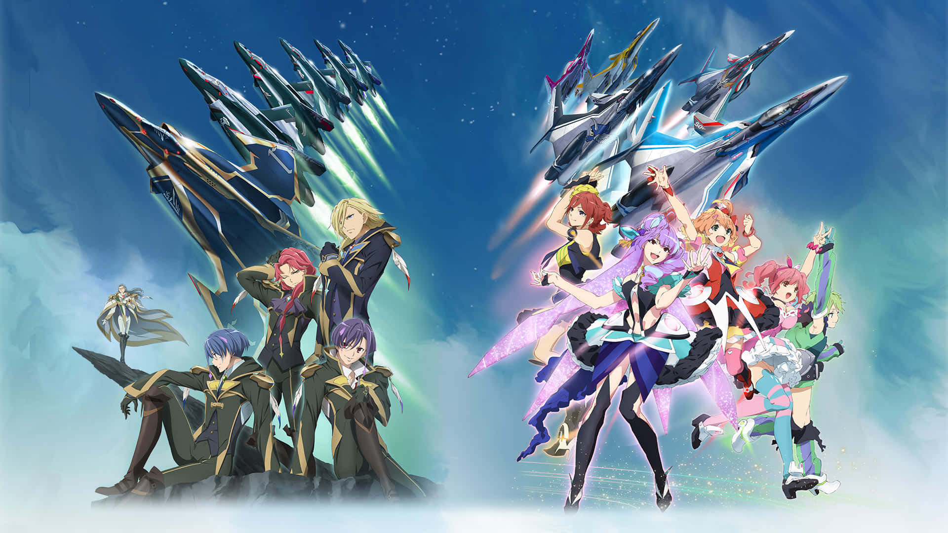Macross Delta 桌布 壁紙 — 動漫角色以動態姿勢與未來戰機在星空下翱翔。