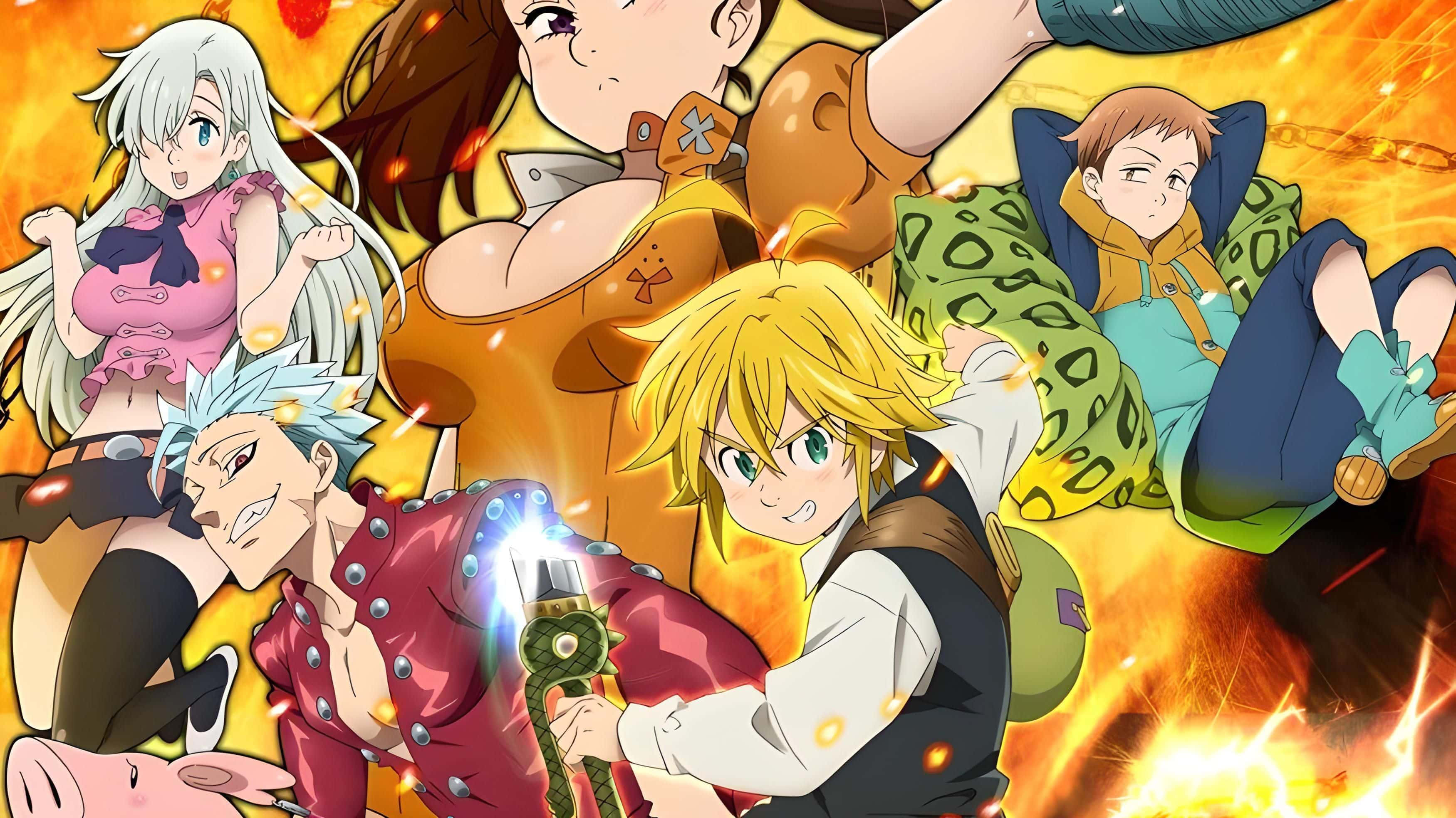 The Seven Deadly Sins 桌布 壁紙 — 動漫角色以動態姿勢被熾熱的橙色和黃色爆炸及火花包圍。