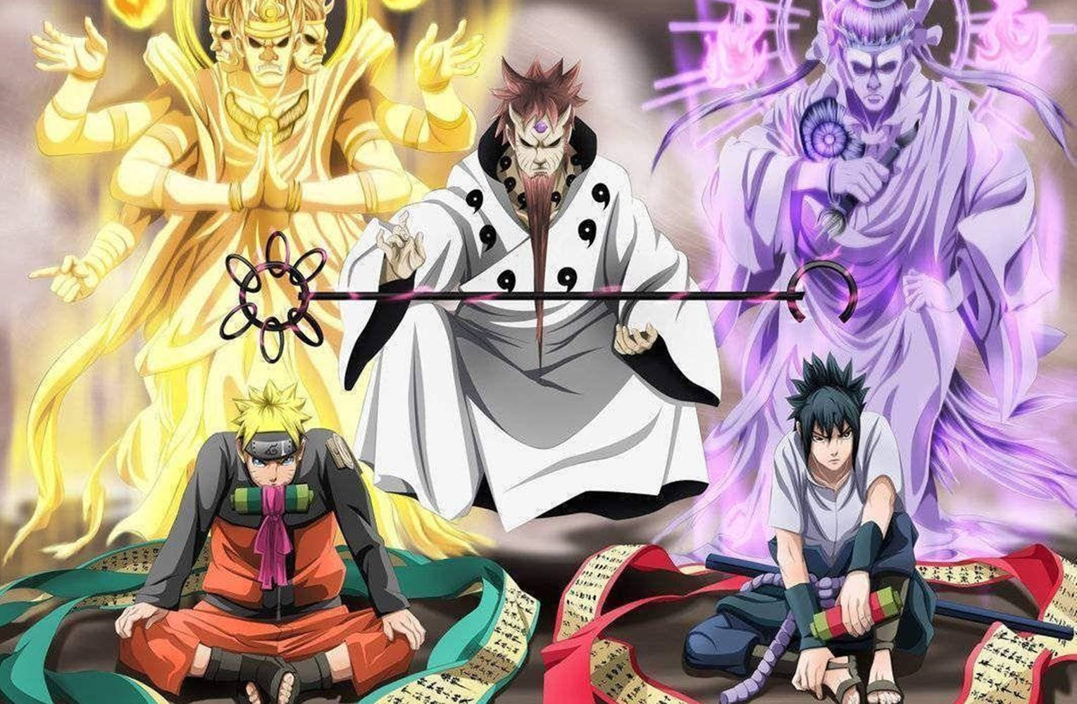sasuke uchiha 桌布 壁紙 — 動漫角色以動態姿勢被發光的神聖和神秘人物包圍，帶有充滿活力的能量效果。