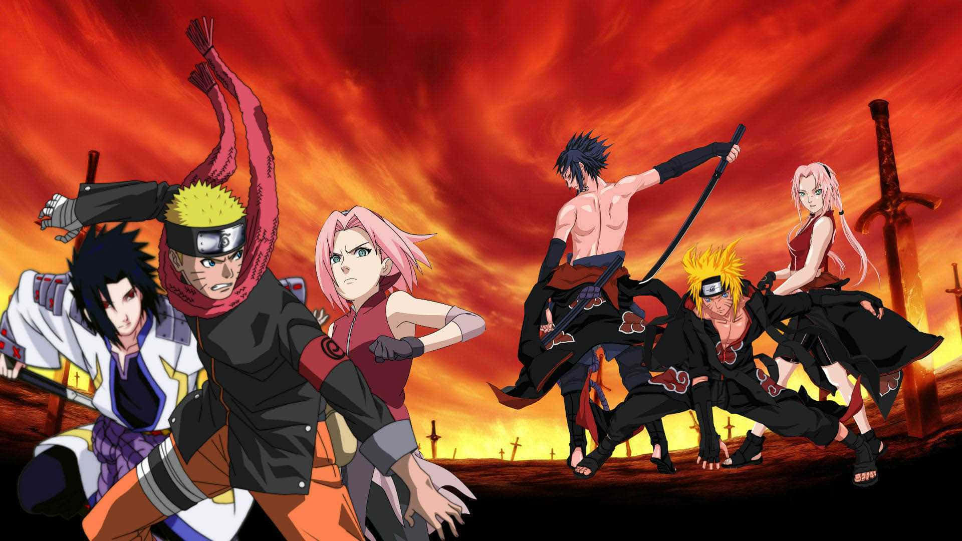 Naruto Group 桌布 壁紙 — 動漫角色以動態戰鬥姿勢，背景為火紅橙色的日落天空，並有劍在背景中。