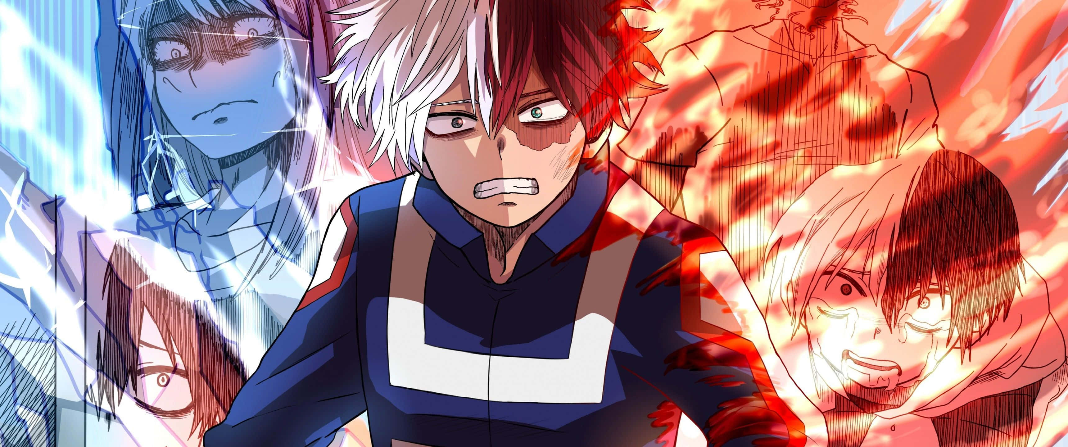 My Hero Academia Anime 桌布 壁紙 — 動漫角色以動態戰鬥姿勢呈現，周圍環繞著電光藍和火焰紅的能量效果。