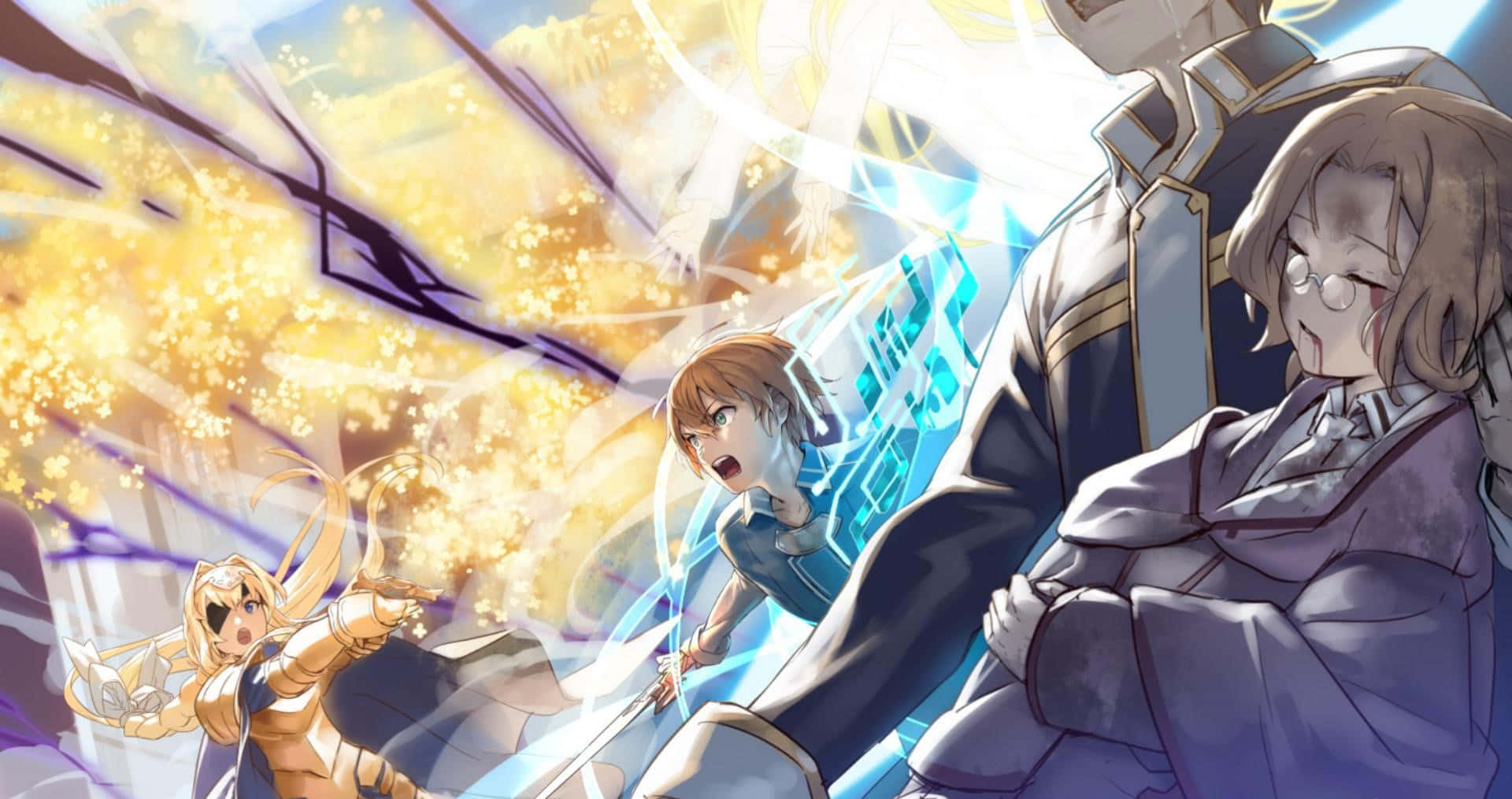 Sword Art Online Eugeo 桌布 壁紙 — 動漫角色以動態戰鬥姿勢呈現，帶有發光能量效果和鮮豔的金藍色光芒。