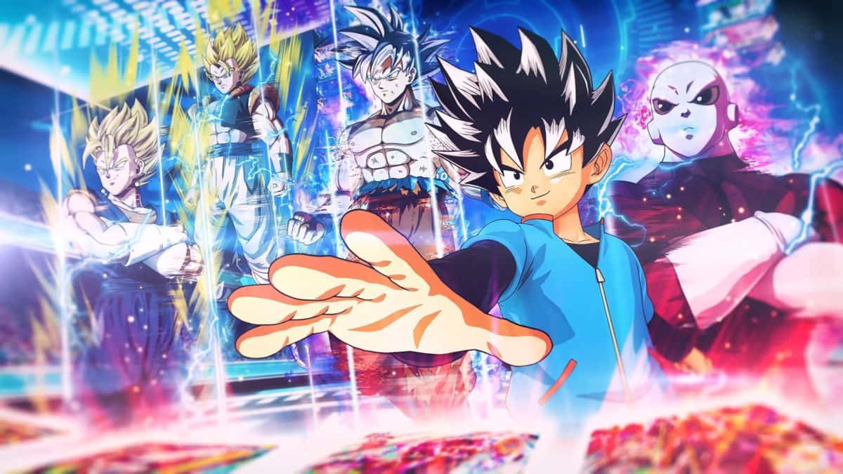 Dragon Ball Heroes 桌布 壁紙 — 動漫角色以動態戰鬥姿勢呈現，帶有發光能量效果和鮮豔的電光藍、粉紅和黃色調。