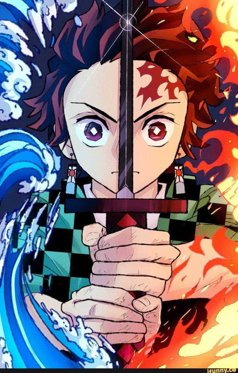 動漫男孩 桌布 壁紙 — 動漫角色以動態戰鬥姿勢手持被水和火元素分割的劍。