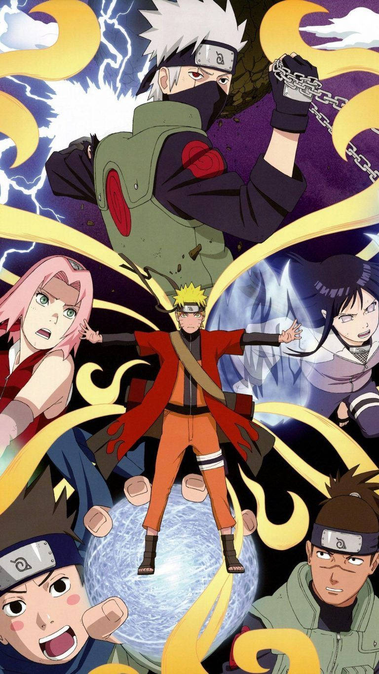 Naruto Shippuden Cool 桌布 壁紙 — 動漫角色以動態戰鬥姿勢被旋轉的查克拉和閃電效果包圍。