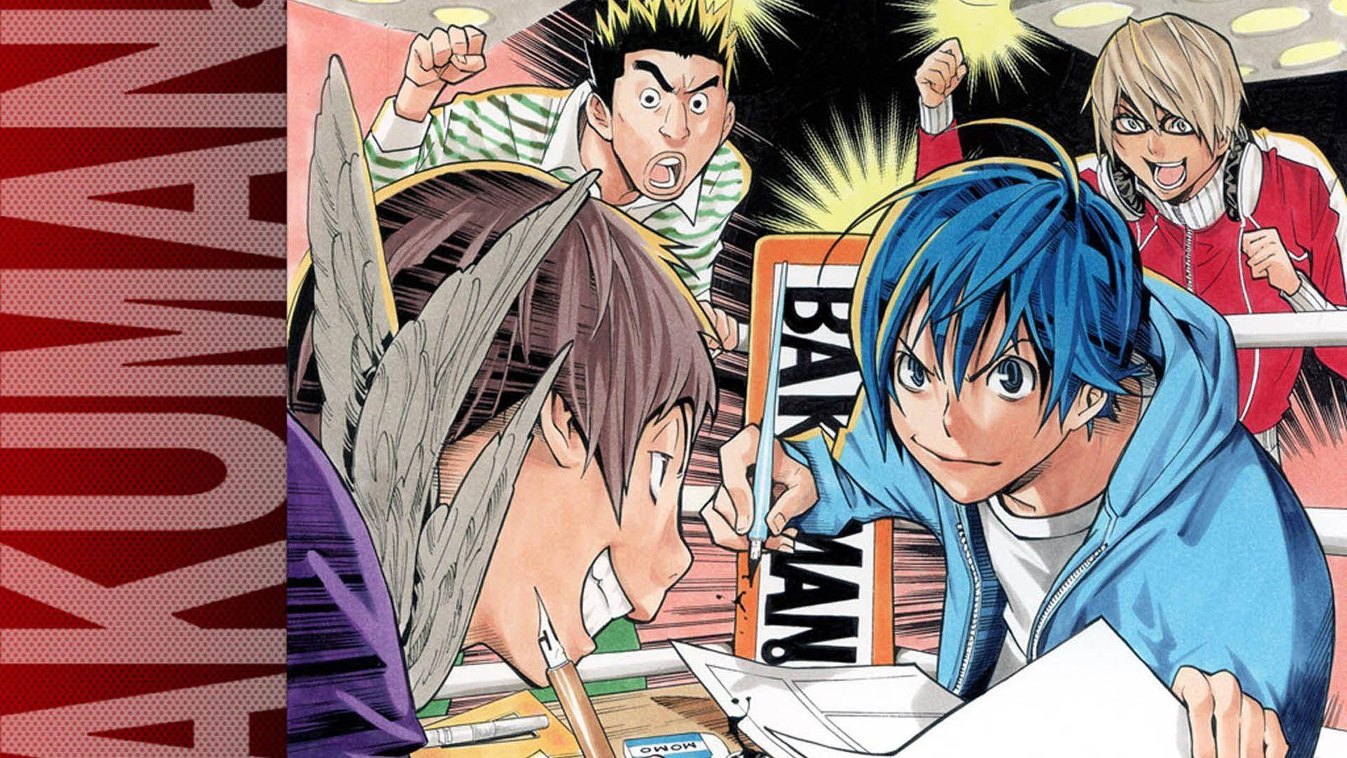 Bakuman 桌布 壁紙 — 動漫角色以動態表情和漫畫風格效果專注地繪畫漫畫。