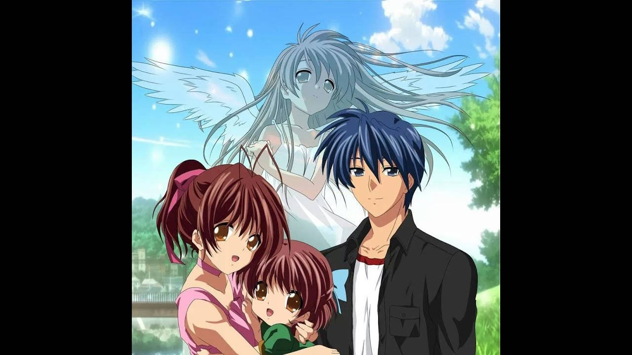 Clannad 桌布 壁紙 — 動漫角色以天使般的身影在明亮的藍天中，有蓬鬆的雲朵和綠樹。