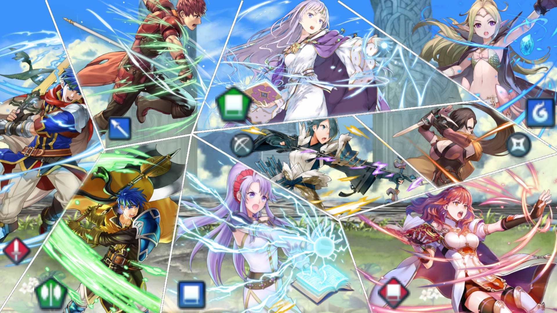 戰鬥中的動漫角色，帶有魔法能量效果和遊戲界面圖標。 — Fire Emblem Warriors 壁紙