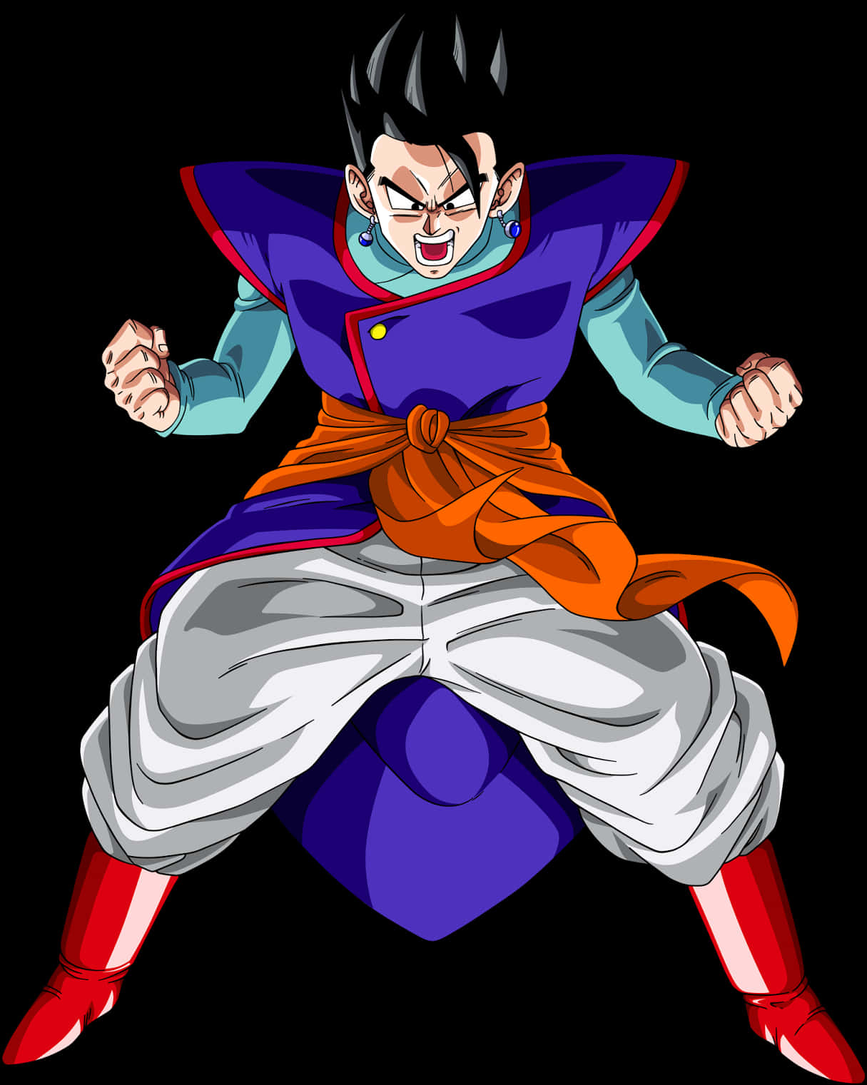 Gohan 桌布 壁紙 — 動漫角色以戰鬥姿勢站立，擁有刺蝟般的黑色頭髮和紫藍色服裝，背景為黑色。
