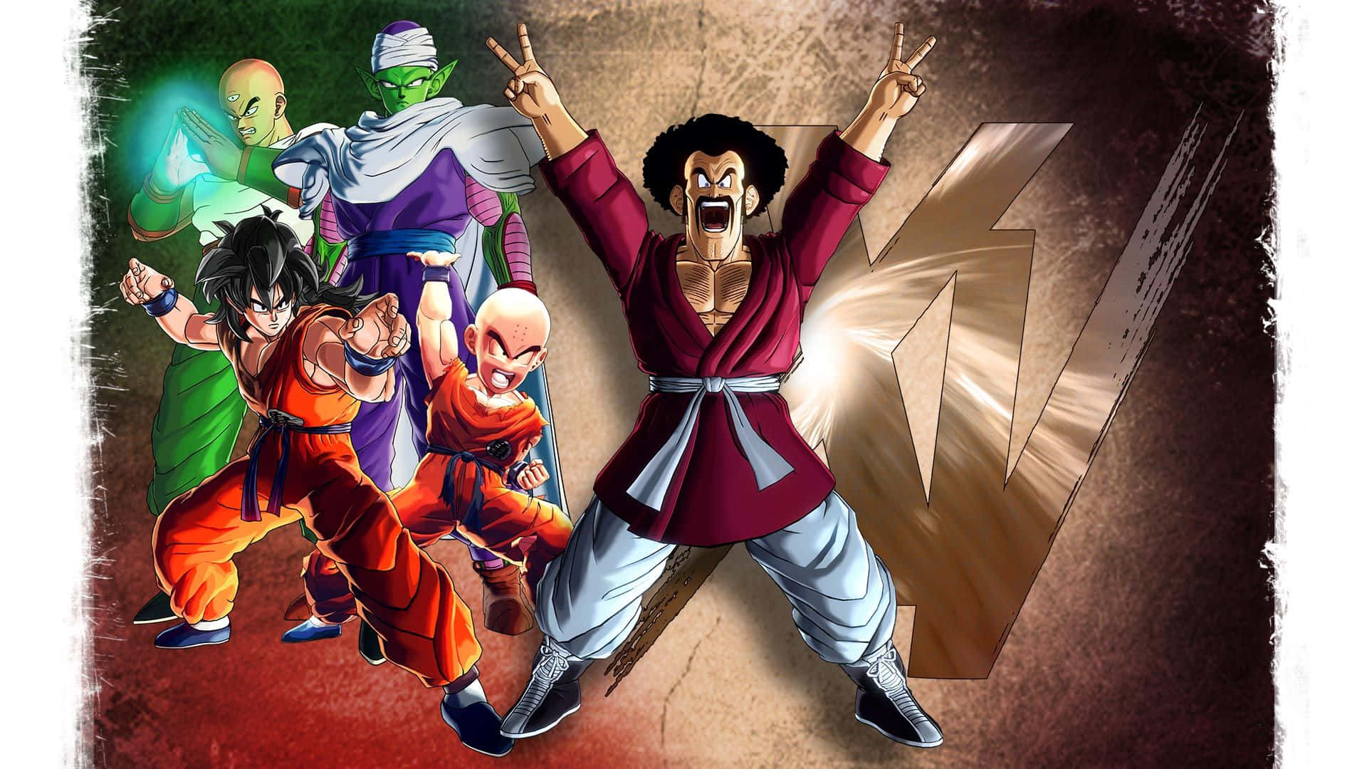 Hercule Satan 桌布 壁紙 — 動漫角色以戰鬥姿態展現動態能量和強烈背景效果。