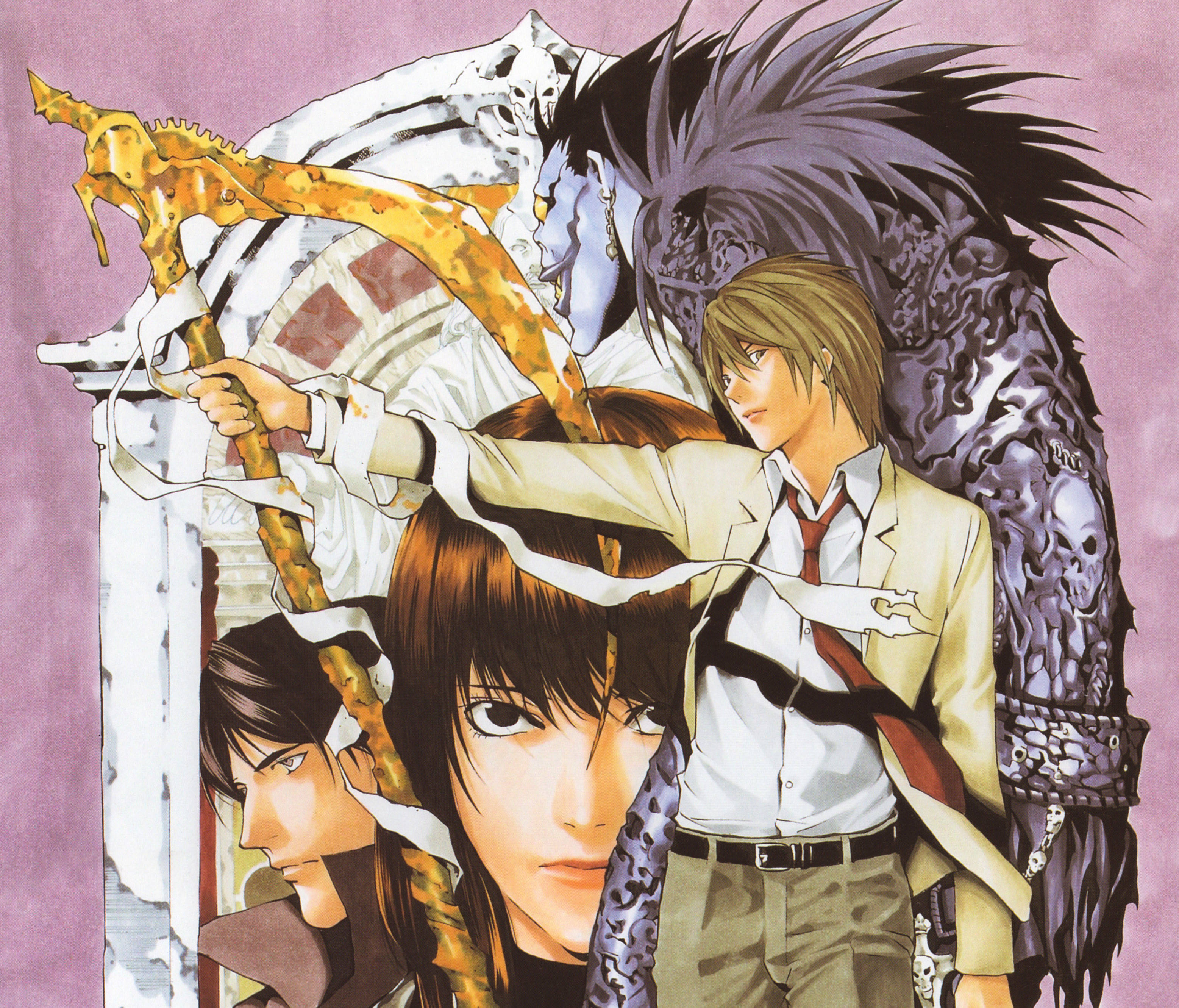 Ryuk 桌布 壁紙 — 動漫角色以戲劇性姿勢呈現，一個骷髏身影揮舞著鐮刀，背景為紫色。