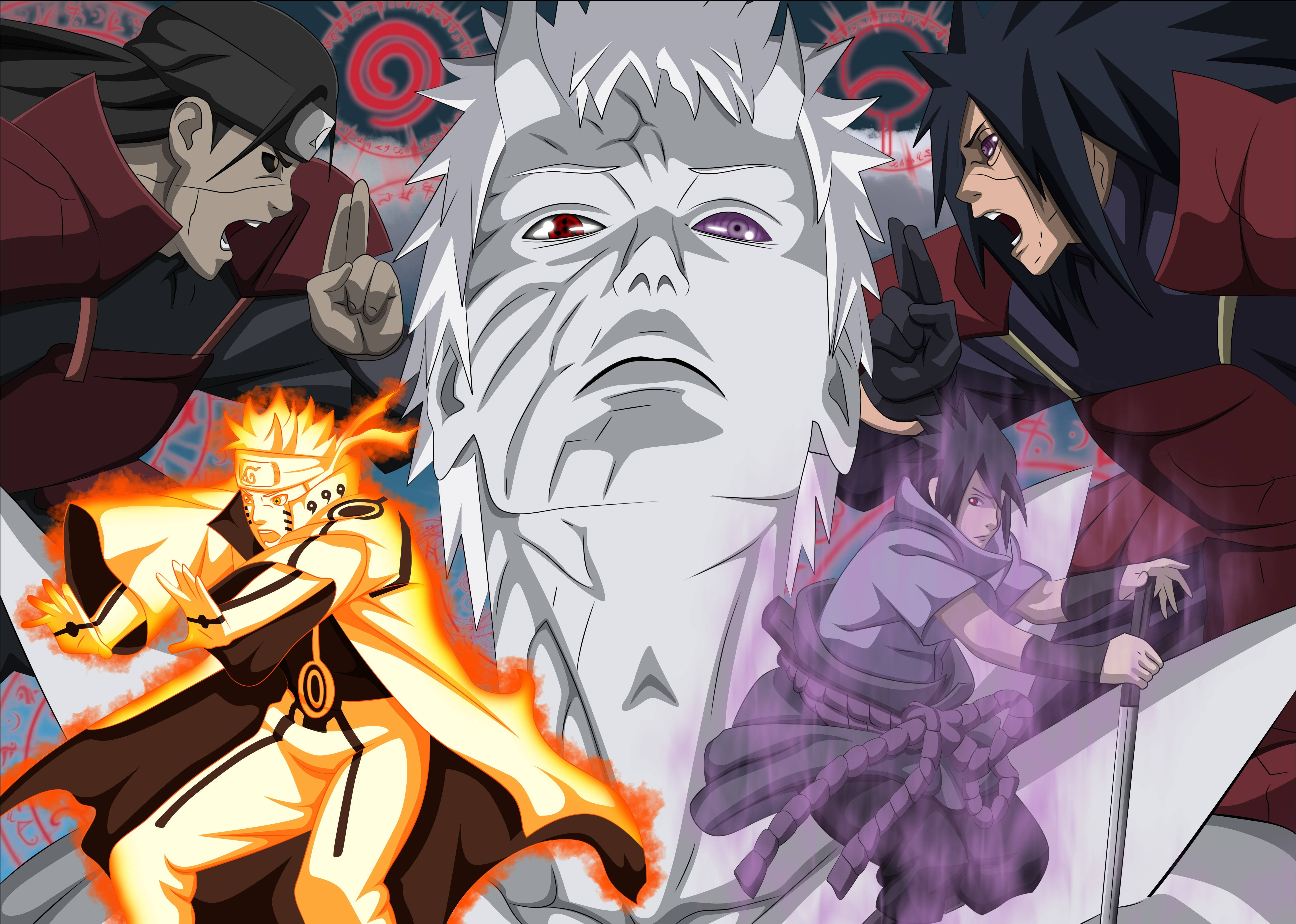 Sasuke 4K 桌布 壁紙 — 動漫角色以激烈戰鬥姿勢，帶有火紅和紫色能量效果，背景為旋轉的紅色。