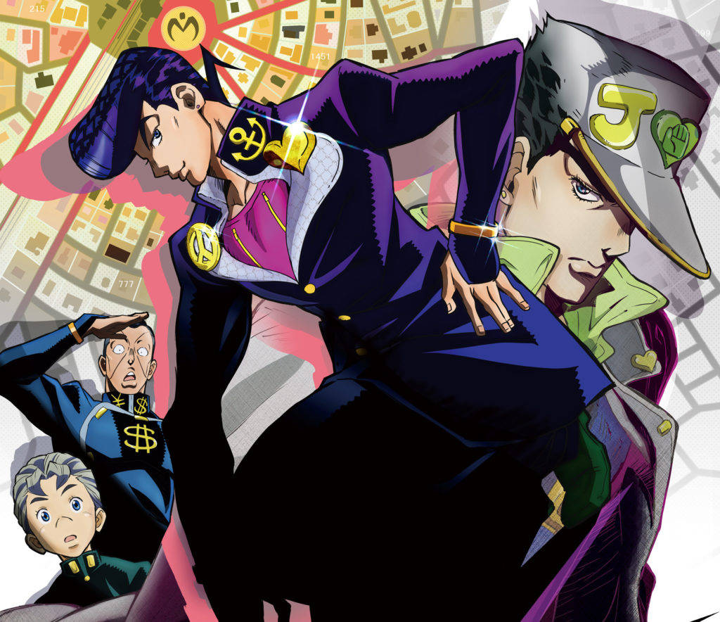 Josuke 桌布 壁紙 — 動漫角色以鮮明的紫色和綠色服裝，在風格化的城市地圖背景下英勇地擺出姿勢。