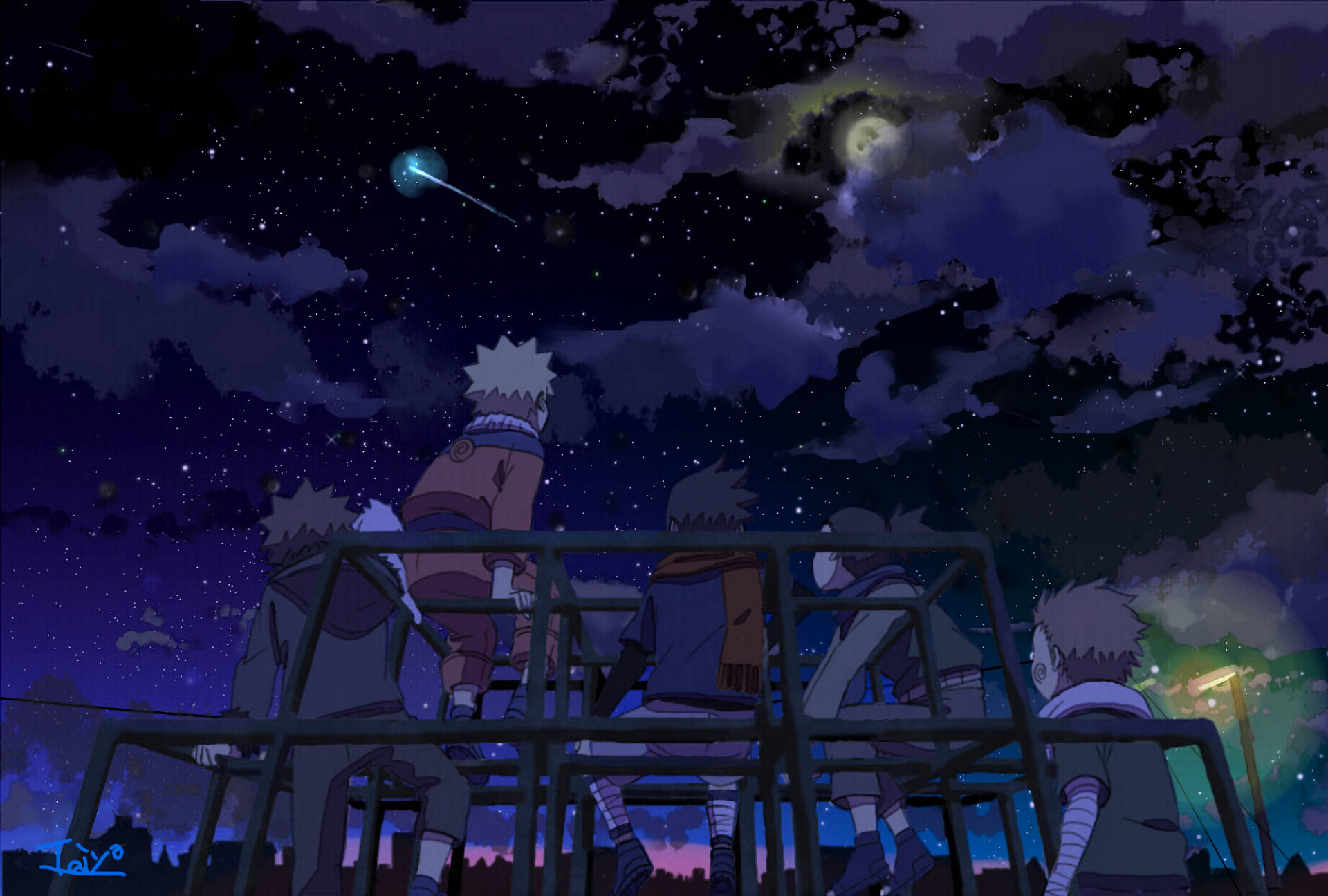 Shikamaru 桌布 壁紙 — 動漫角色仰望星空，上方有發光的月亮和流星。