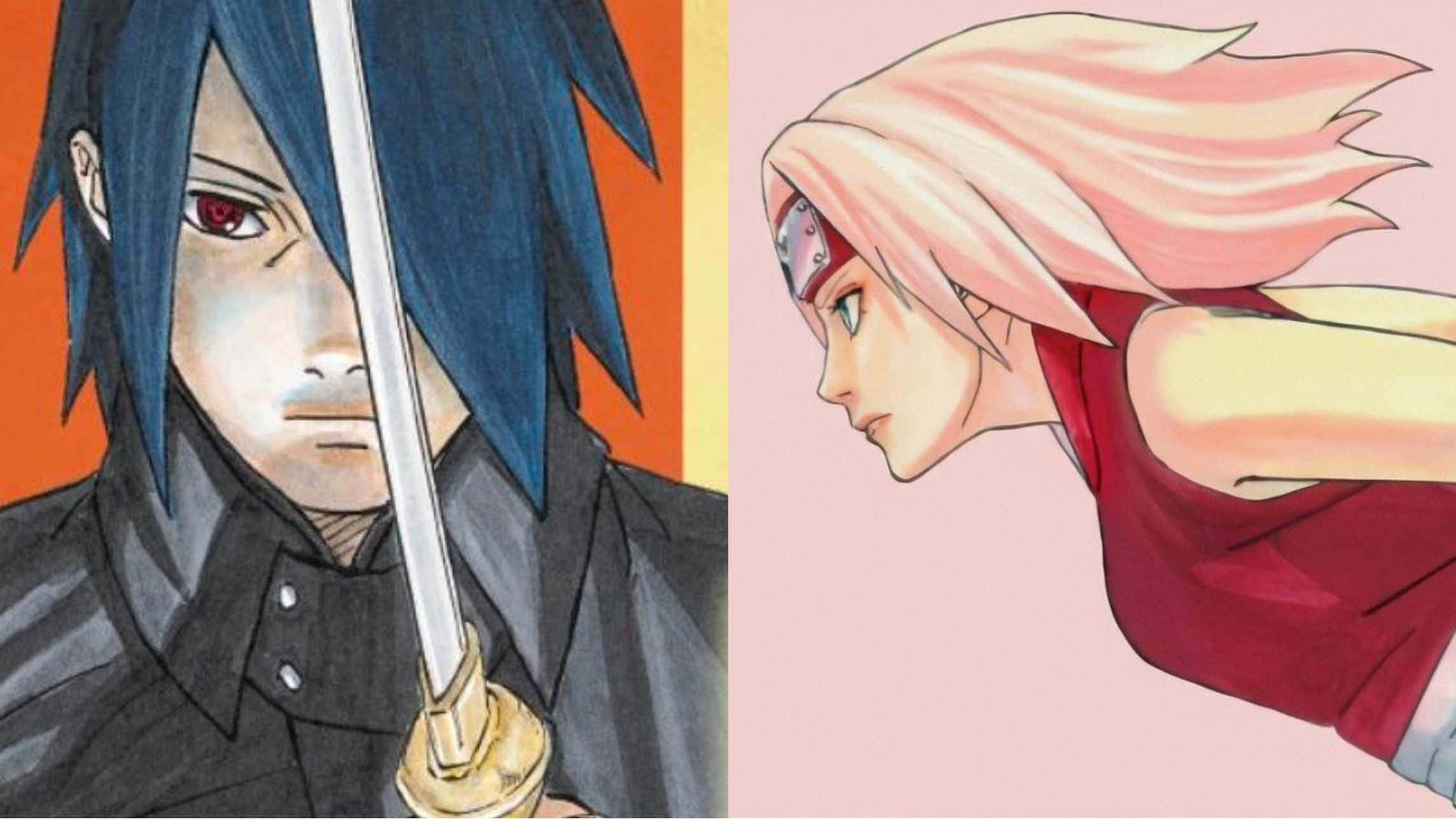 Sasuke 桌布 壁紙 — 動漫角色佐助和小櫻以動態姿勢描繪，搭配鮮豔色彩背景。