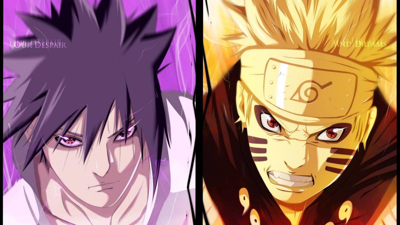 Naruto And Sasuke 桌布 壁紙 — 動漫角色佐助和鳴人在戲劇性的特寫中對峙，帶有對比的紫色和金色燈光。