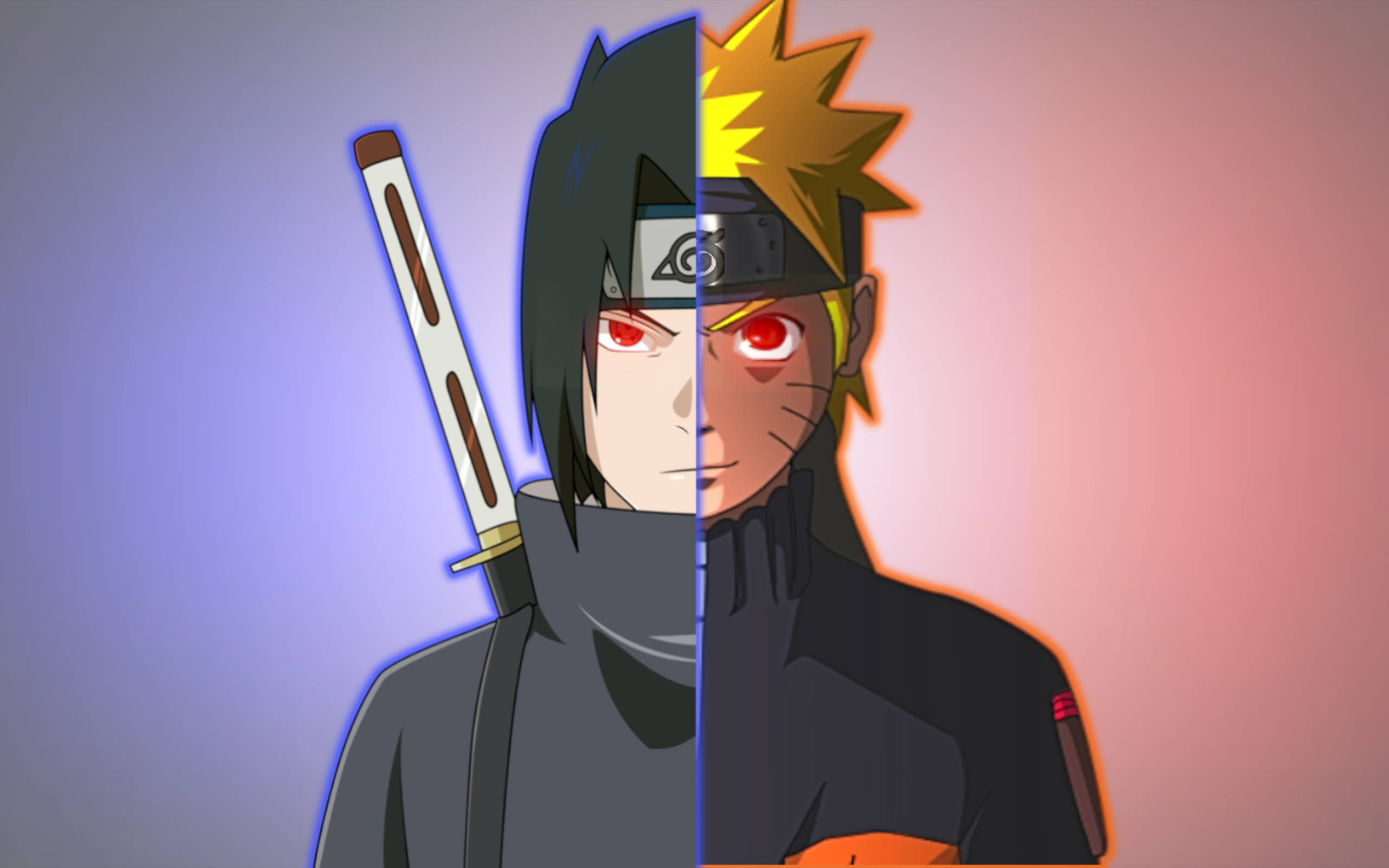 Naruto And Sasuke 桌布 壁紙 — 動漫角色佐助和鳴人垂直分割，帶有對比的藍色和紅色背景以及發光的紅色眼睛。