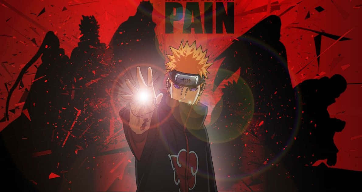 Pain 桌布 壁紙 — 動漫角色佩恩在破碎的背景中，發光的手散發出強烈的紅色能量。