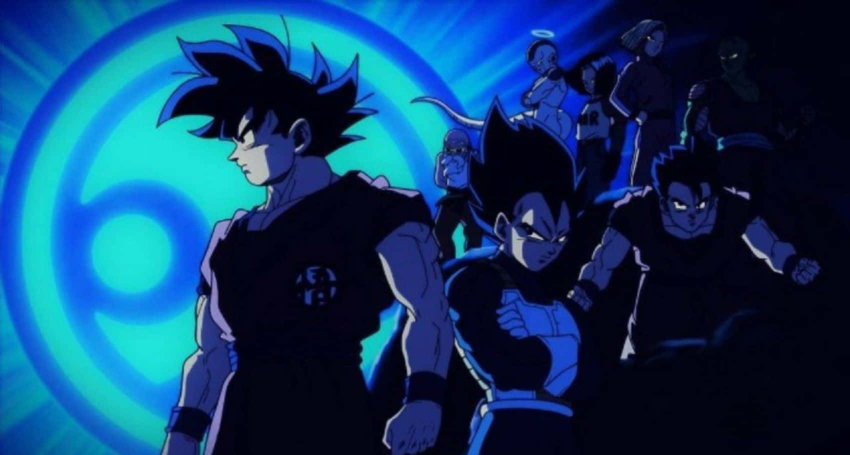 Dragon Ball Super Games 桌布 壁紙 — 動漫角色們豎著尖刺頭髮，站在一個深藍色發光的圓圈內，背景是宇宙。