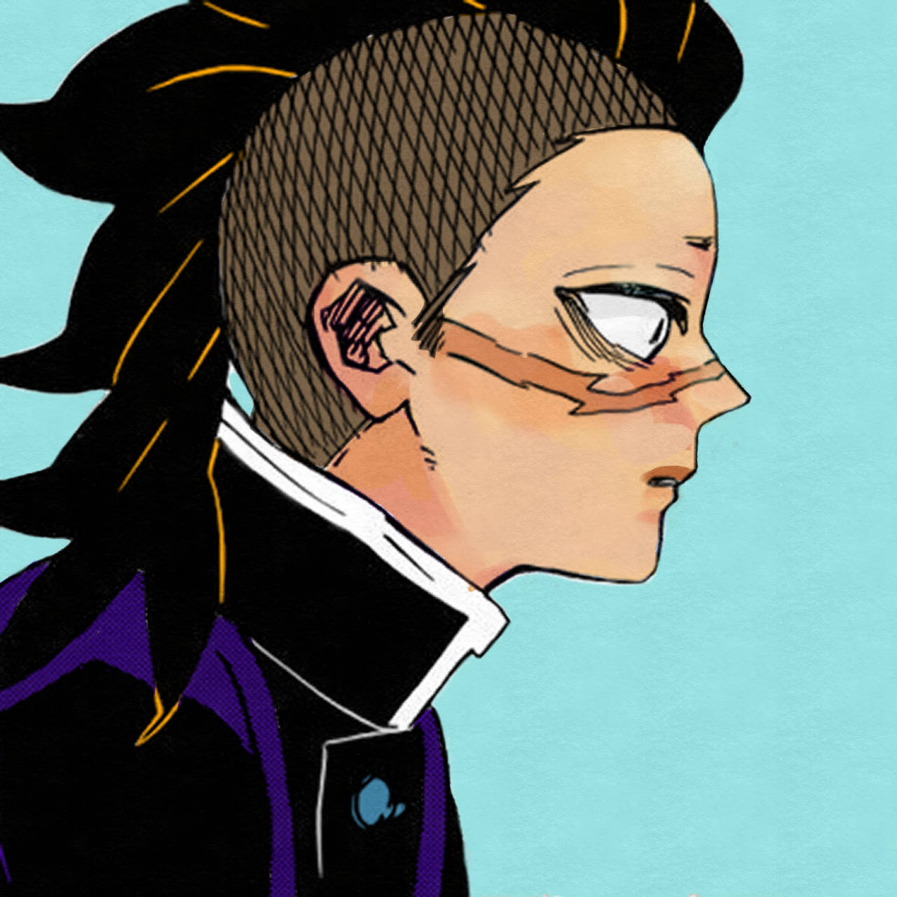 genya 桌布 壁紙 — 動漫角色側面，黑色尖刺頭髮，臉上帶橙色標記，背景為淺藍色。