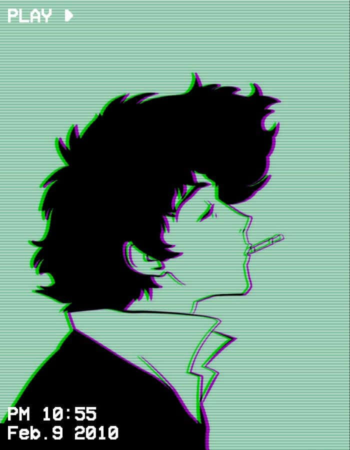 Spike Spiegel 桌布 壁紙 — 動漫角色側面剪影在綠色掃描線背景上抽煙，帶有數位故障效果。