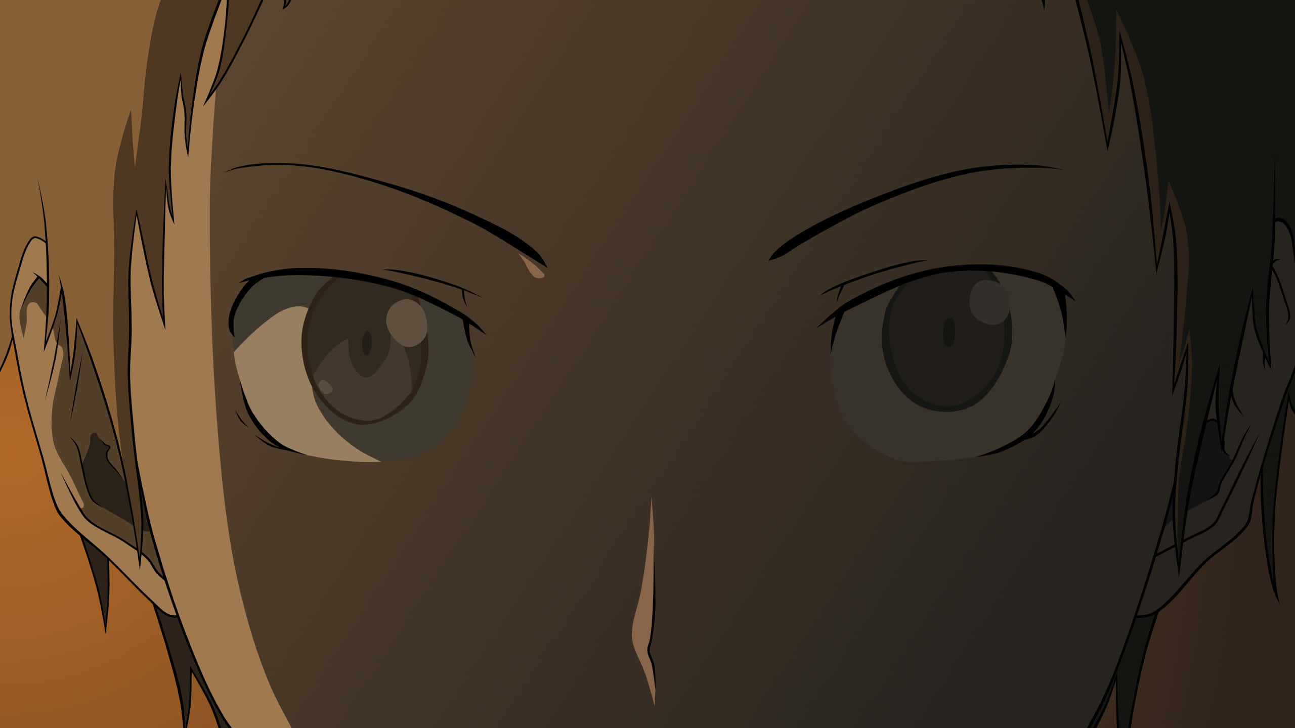 Mikado Ryuugamine 桌布 壁紙 — 動漫角色充滿決心的熾熱眼睛特寫，背景為溫暖的橙色。