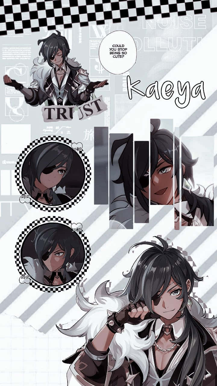 Kaeya 桌布 壁紙 — 動漫角色凱亞在幾何背景上自信地擺姿勢，拼貼畫帶有棋盤格邊框和文字疊加。