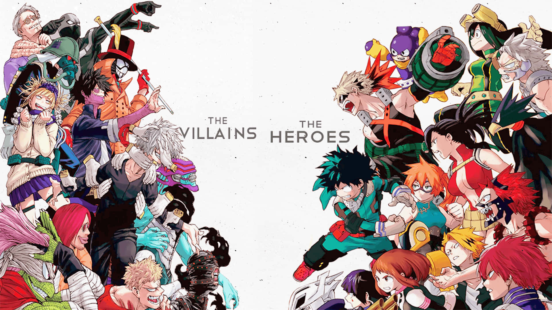 My Hero Academia Anime 桌布 壁紙 — 動漫角色分為兩組，標記為反派和英雄，具有動態姿勢和色彩繽紛的服裝。