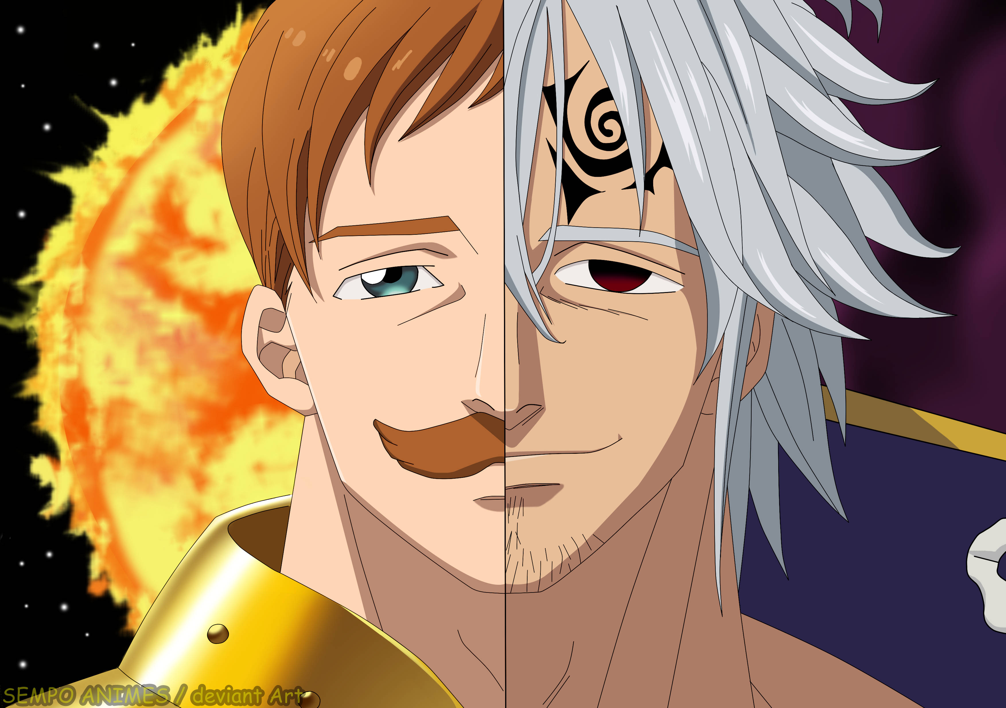 Escanor 桌布 壁紙 — 動漫角色分裂面孔，帶有火熱橙色背景和對比半邊後面的星空夜空。