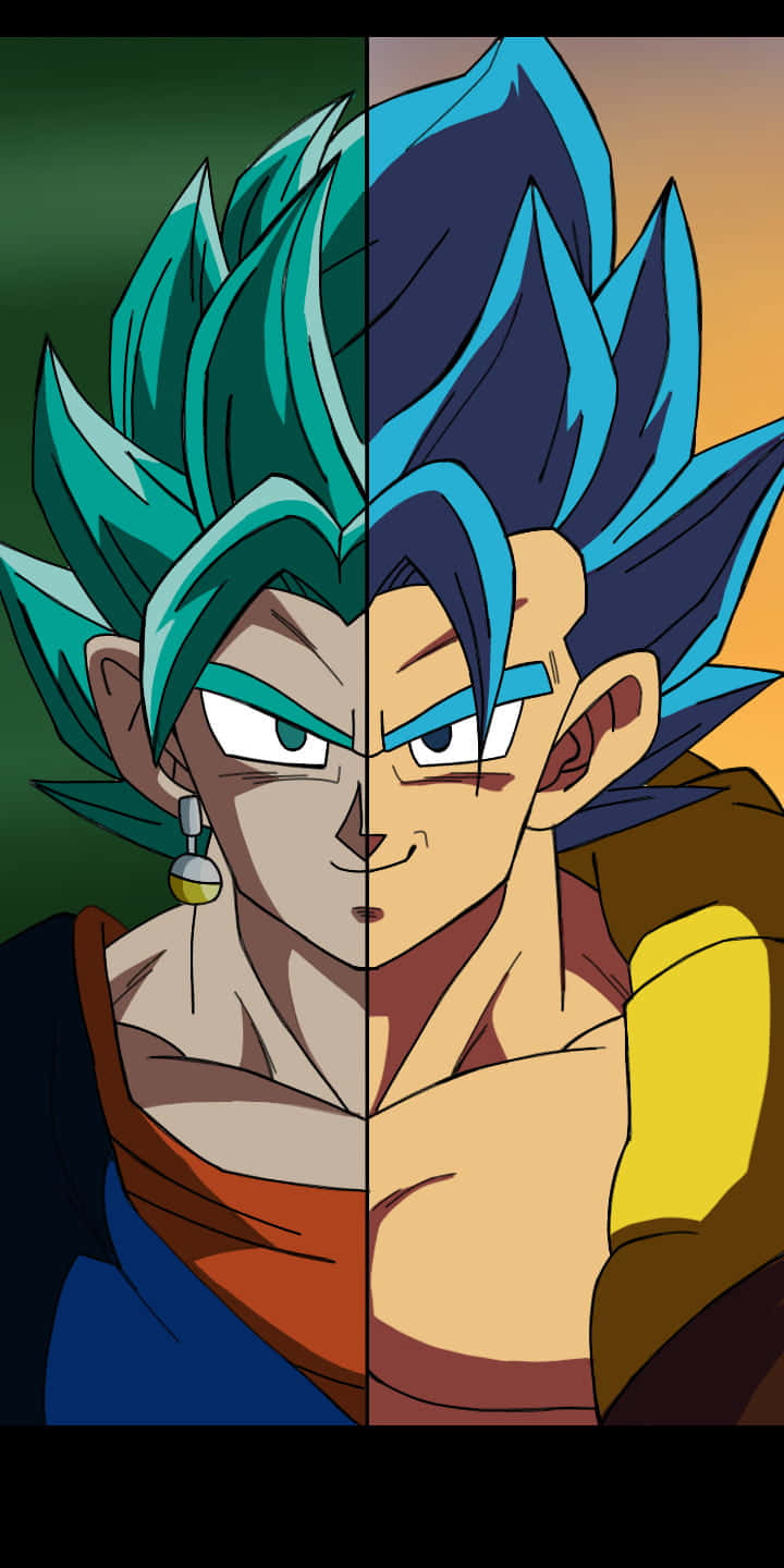 Gogeta And Vegito 桌布 壁紙 — 動漫角色分裂面孔，顯示藍色和藍綠色頭髮，眼睛強烈，對比綠色和橙色背景。