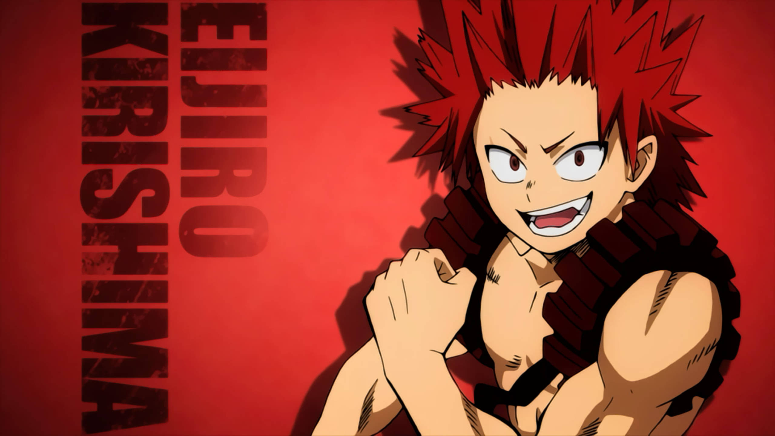 Kirishima 桌布 壁紙 — 動漫角色切島銳兒郎，擁有尖刺紅髮和兇猛笑容，在鮮紅色背景前自信擺姿勢。