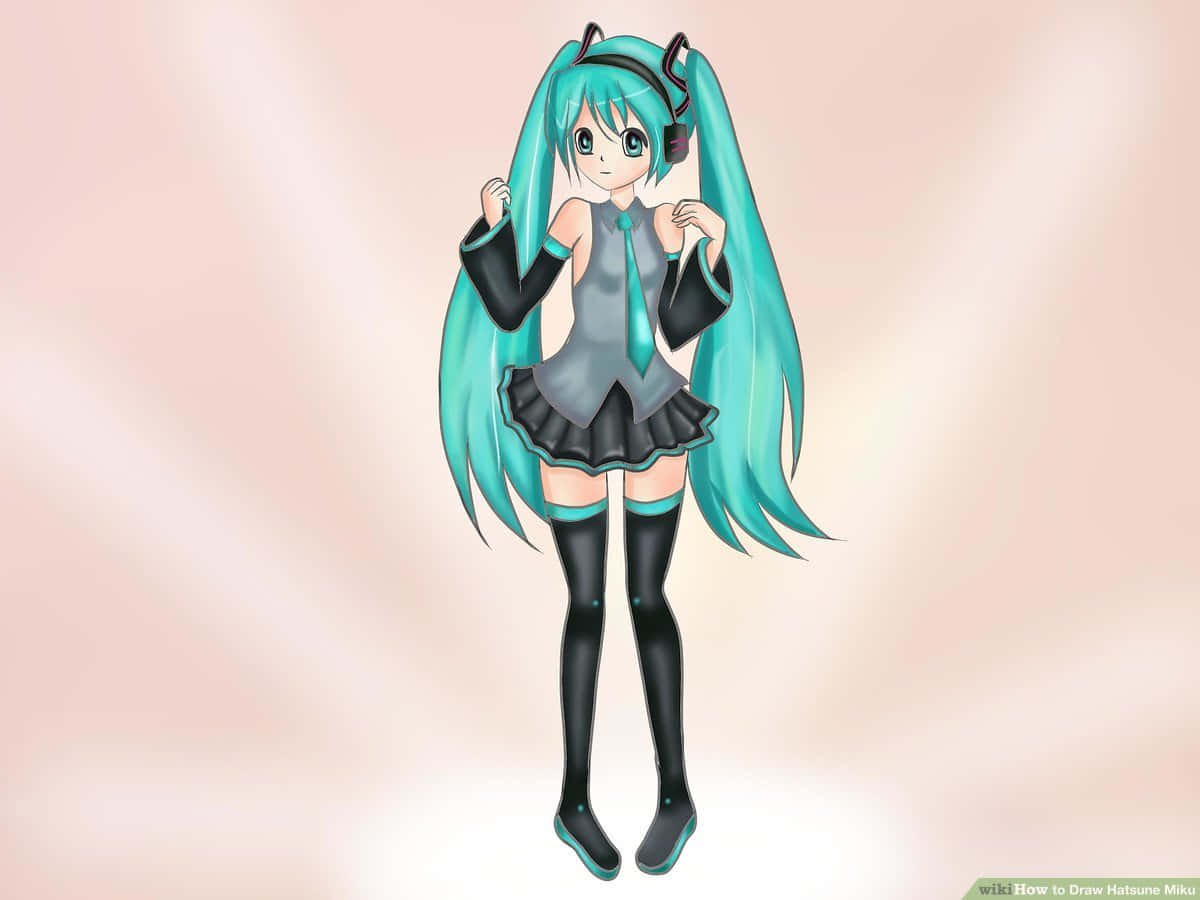 初音未來 桌布 壁紙 — 動漫角色初音未來，擁有藍綠色雙馬尾和耳機，站在柔和的粉紅色漸變背景前。