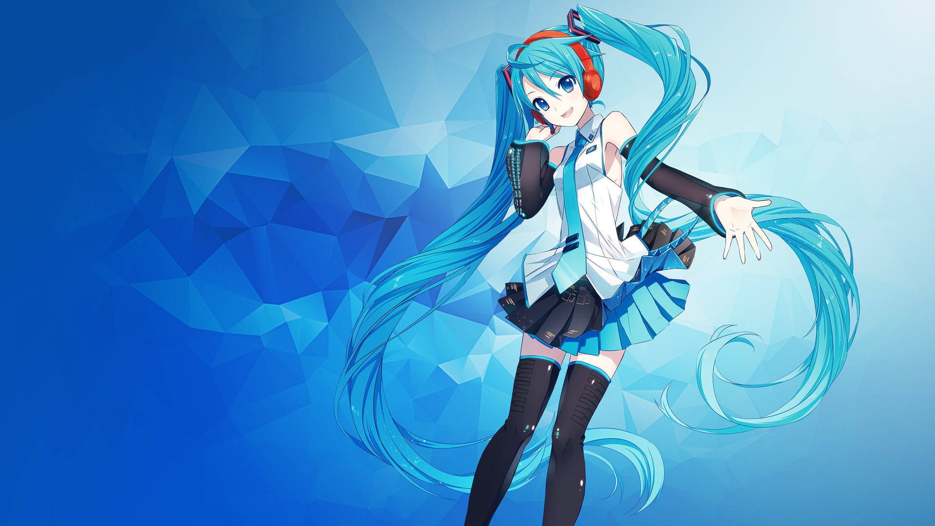 動漫歌手初音未來，藍綠色頭髮和紅色耳機，正在跳舞。 — 藍色抽象 壁紙