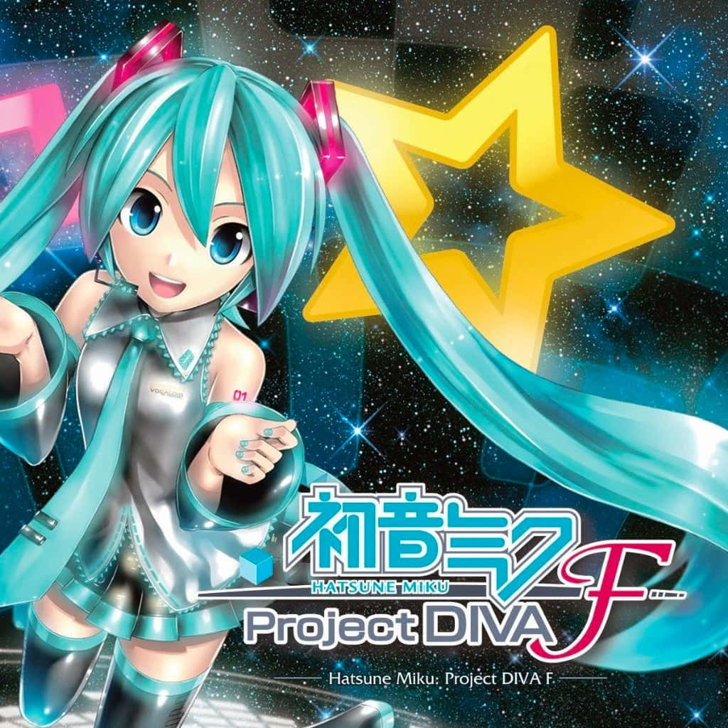 初音未來 桌布 壁紙 — 動漫角色初音未來，擁有藍綠色雙馬尾和銀色服裝，在閃爍星空背景前開心地擺姿勢，背景有一顆大黃星。