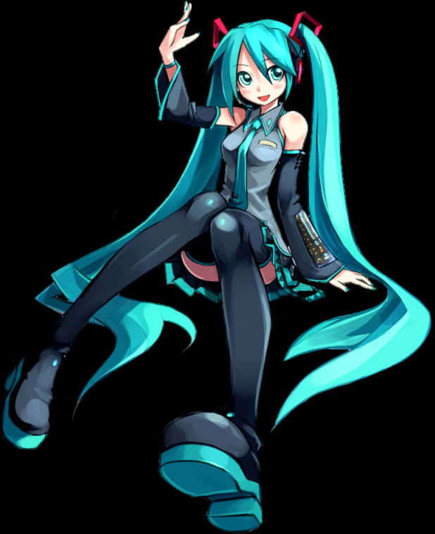 Clip Art 桌布 壁紙 — 動漫角色初音未來，擁有藍綠色雙馬尾和未來風格服裝，在黑色背景上動態擺姿勢。