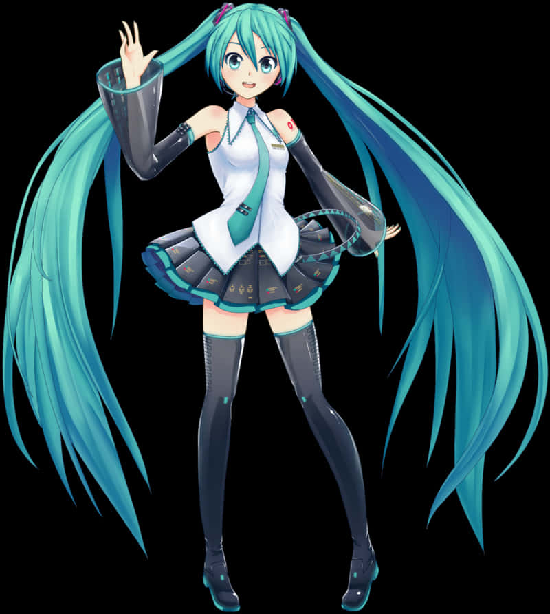 Vocaloid 桌布 壁紙 — 動漫角色初音未來，擁有藍綠色雙馬尾，在黑色背景前愉快地揮手。