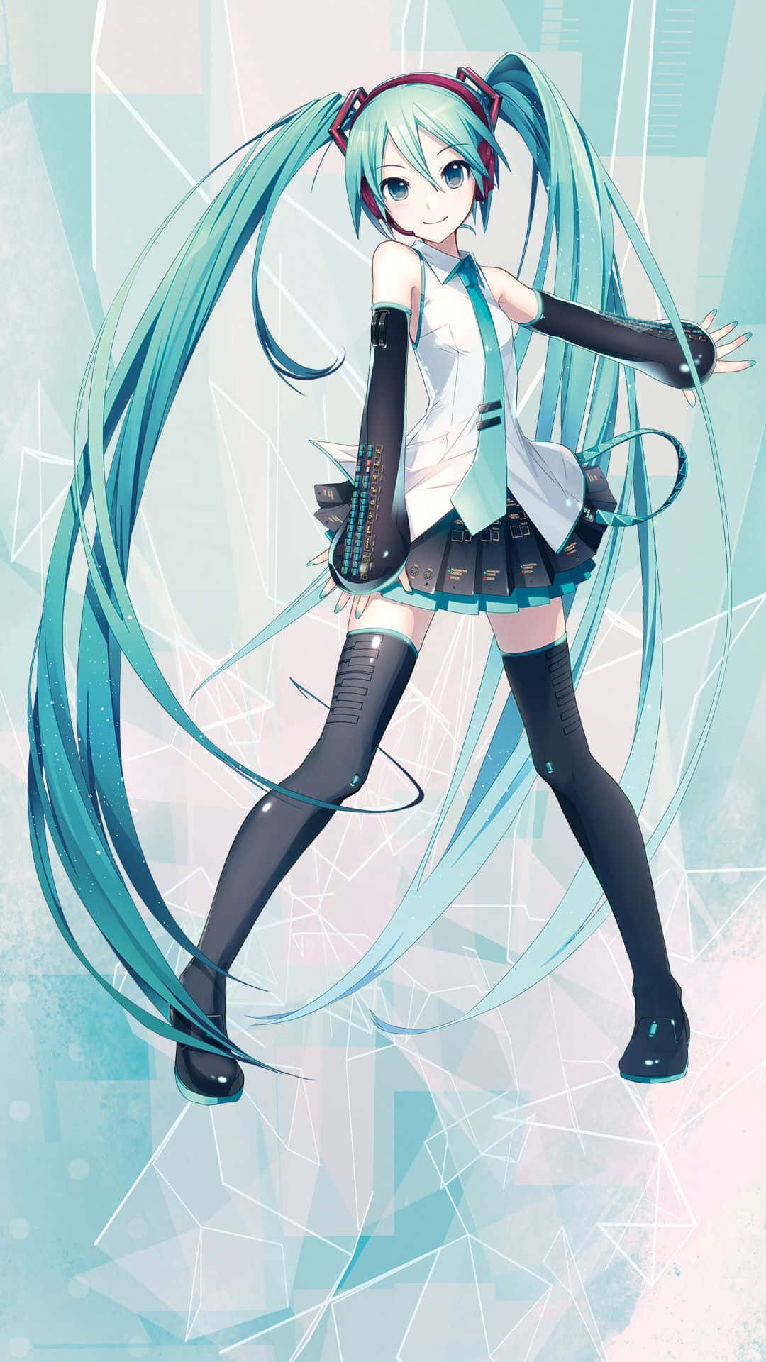 Vocaloid 桌布 壁紙 — 動漫角色初音未來，擁有藍綠色雙馬尾和耳機，在幾何淺藍色背景上跳舞。